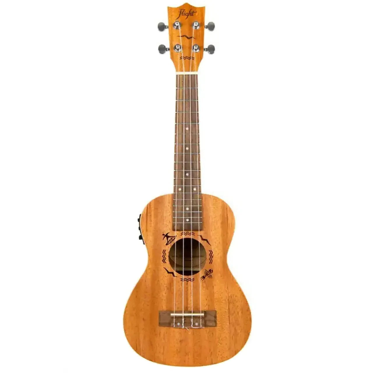 Flight DUC523 CEQ Designer Series mahogany concert ukulele with EQ, featuring a natural wood finish and soundhole design.