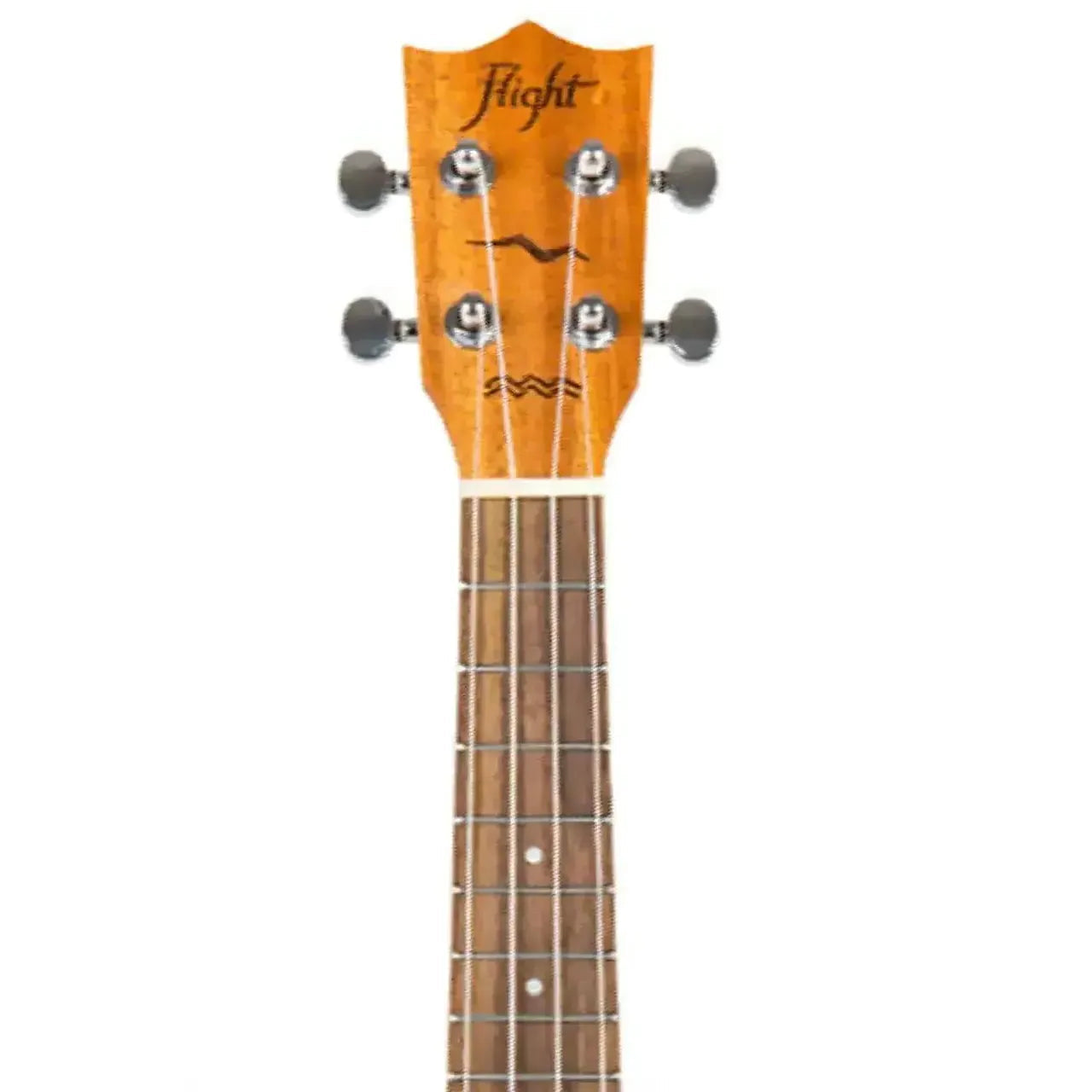 Flight DUC523 CEQ Concert Ukulele headstock and neck, showing mahogany wood grain, tuning pegs, and fretboard.
