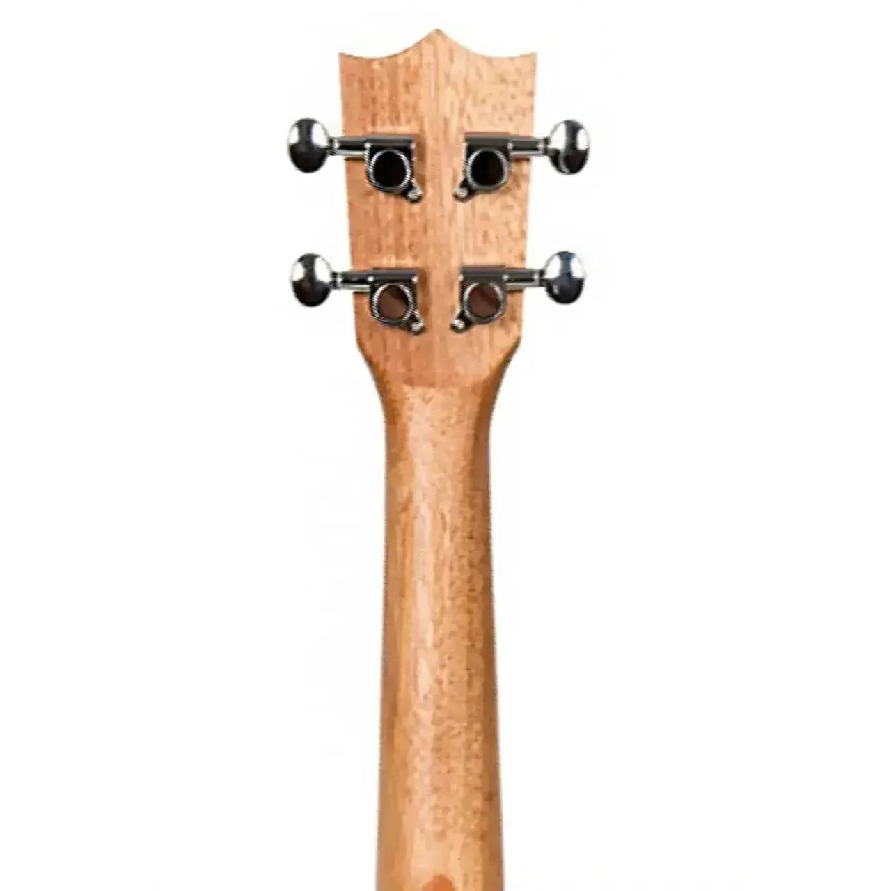 Back of Flight DUC523 CEQ mahogany concert ukulele headstock with four chrome tuning pegs.