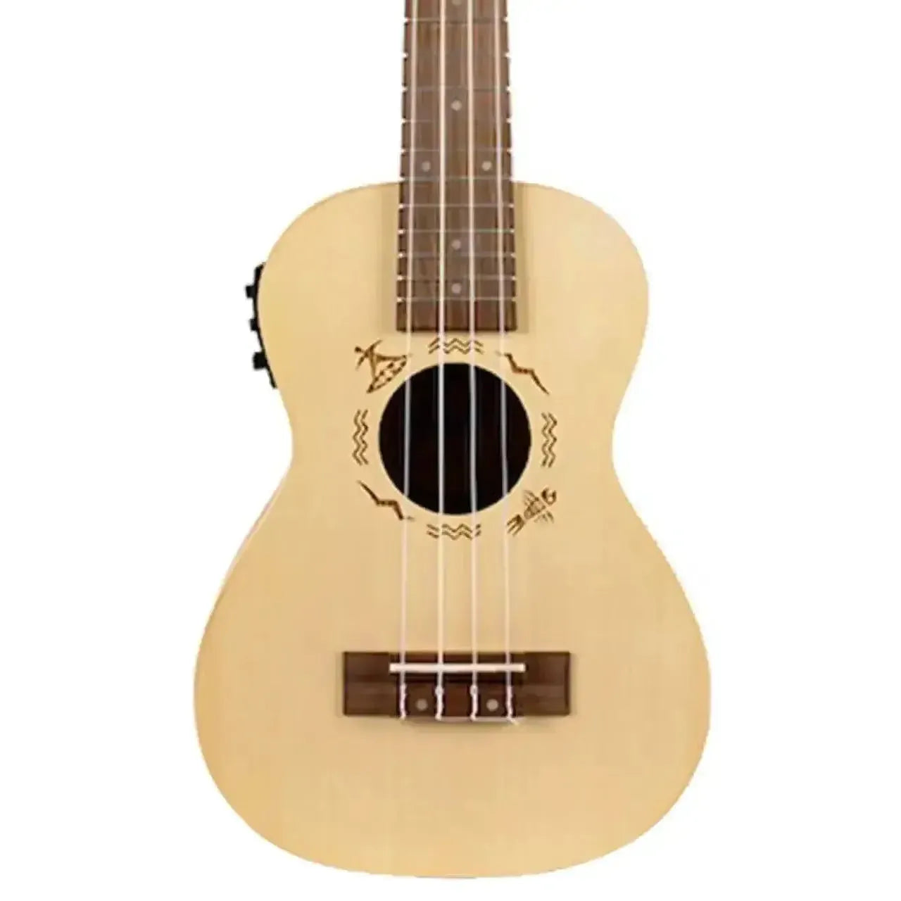 Flight DUC525 EQ Concert Ukulele with light spruce top, zebrawood back, and unique soundhole carvings.