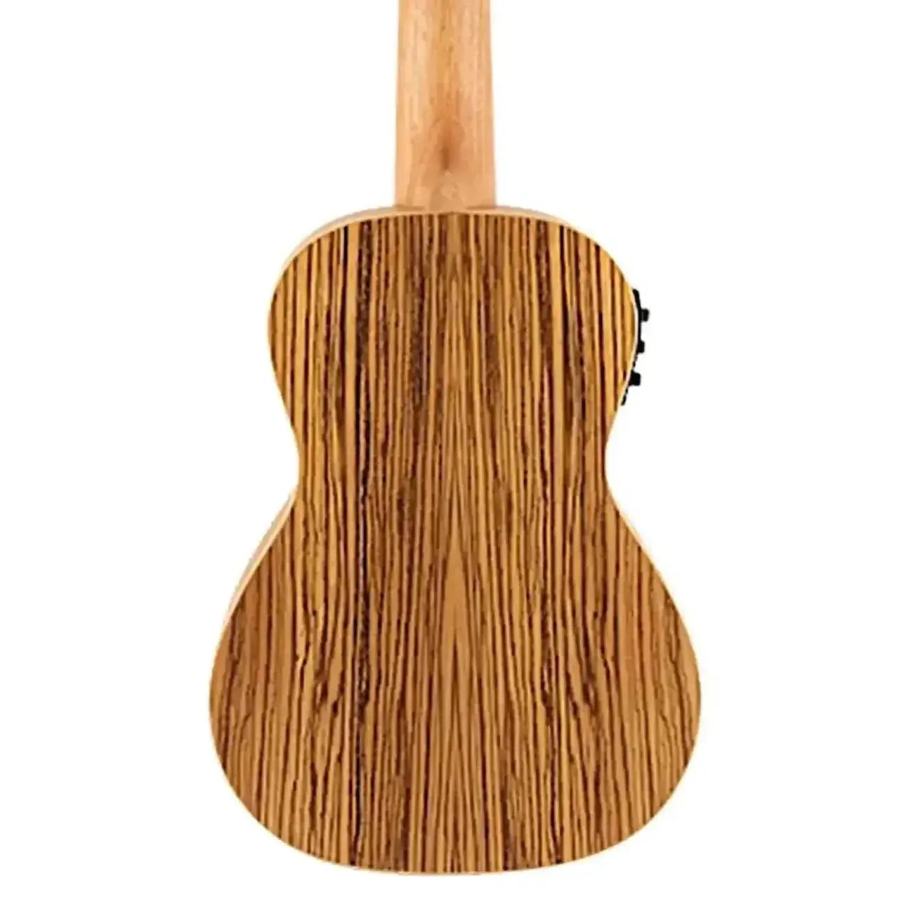 Flight DUC525 EQ Concert Ukulele back, showing zebrawood grain and light wood neck.