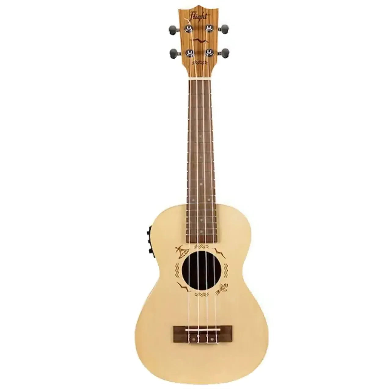 Flight DUC525 EQ Concert Ukulele with light spruce top, zebrawood back, and tribal rosette design.