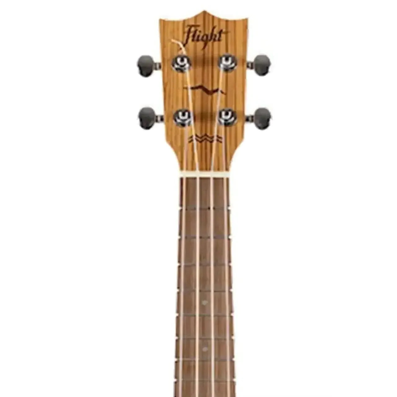 Flight DUC525 Concert Ukulele headstock and fretboard, showing zebrawood grain, tuning pegs, and Flight logo.