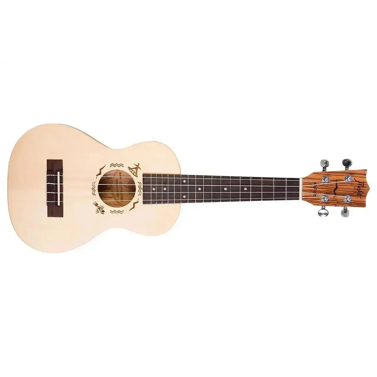 Flight DUC525 Spruce & Zebrawood Concert Ukulele with light wood body and decorative rosette.