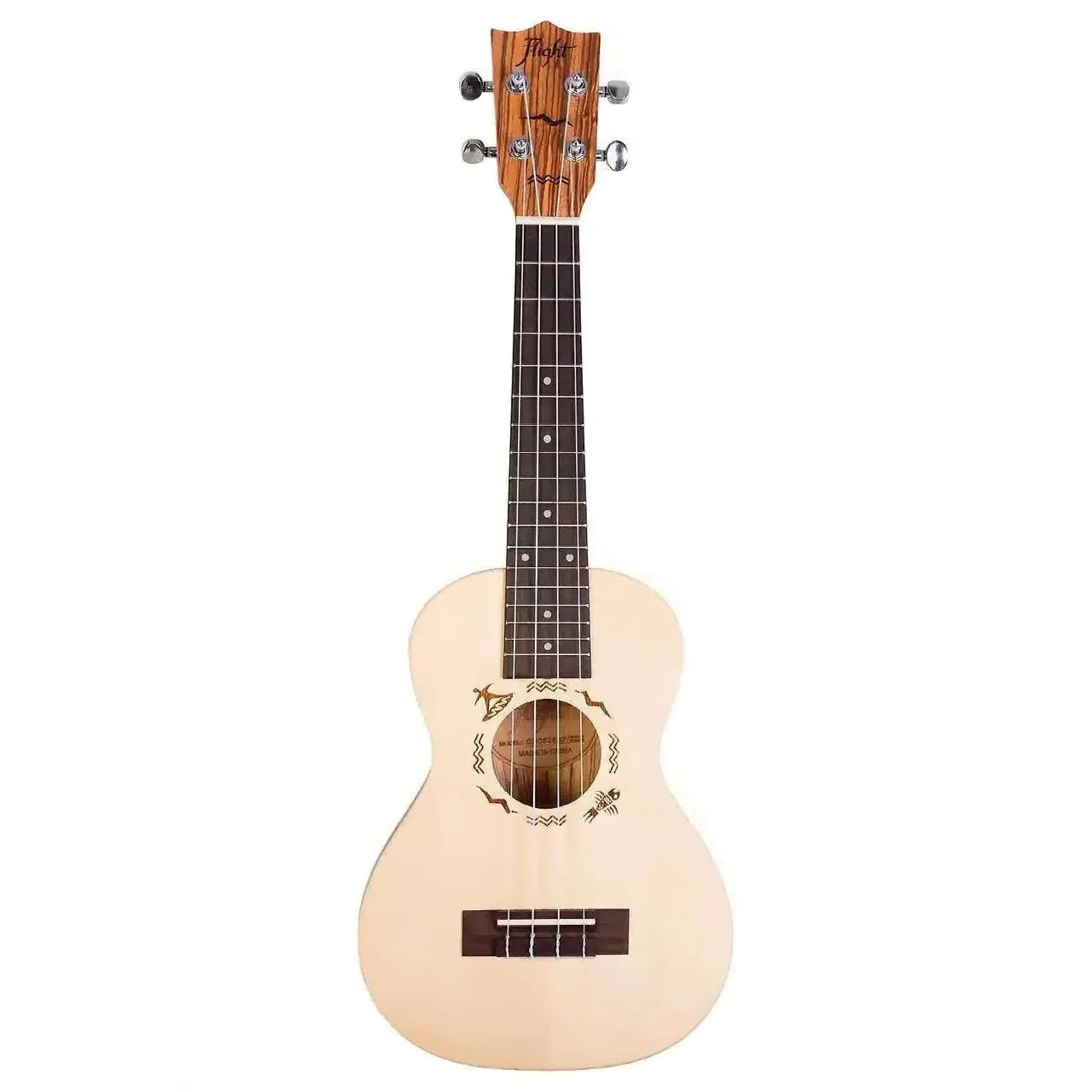Flight DUC525 Spruce & Zebrawood Concert Ukulele with light wood body and decorative rosette.