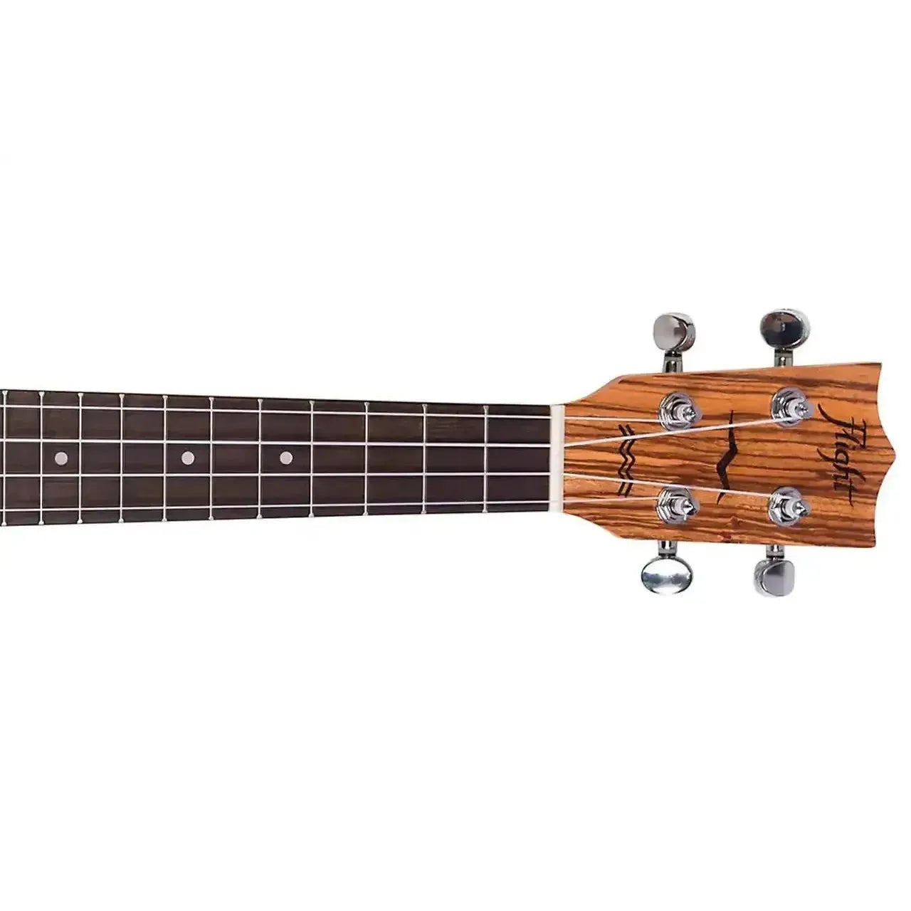 Flight DUC525 Concert Ukulele headstock and fretboard, featuring zebrawood grain and chrome tuners.