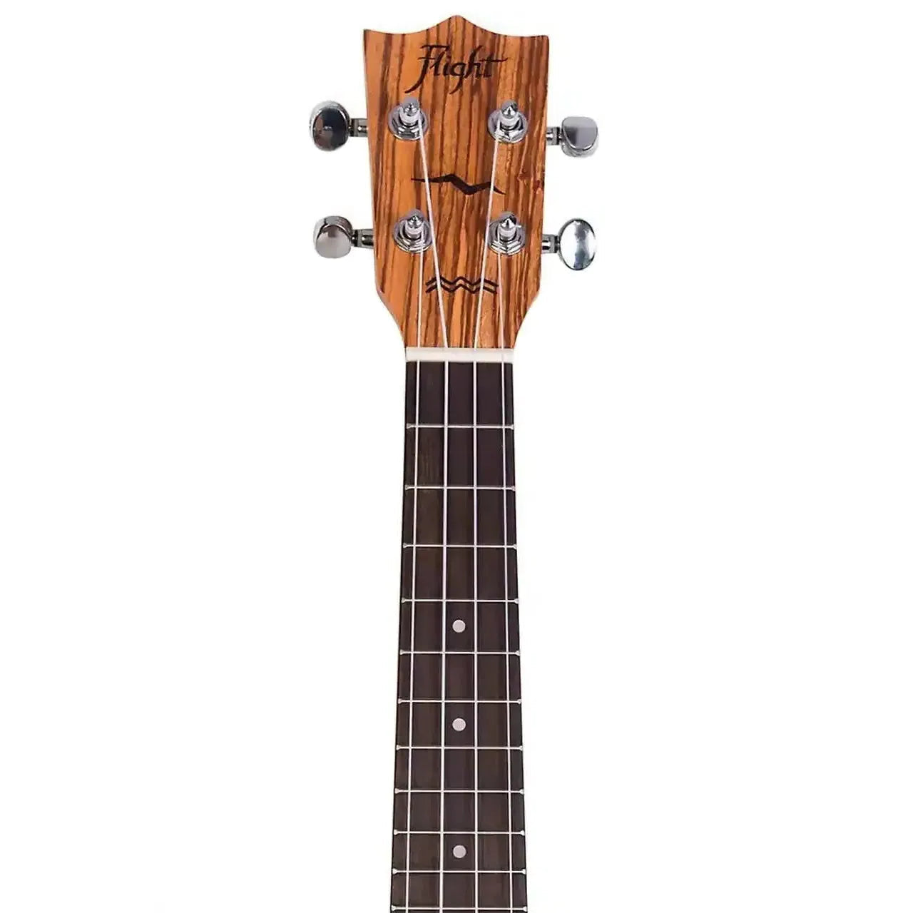 Flight DUC525 Concert Ukulele headstock and fretboard, featuring zebrawood grain and chrome tuners.