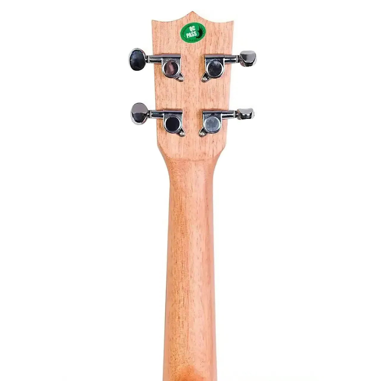Back of Flight DUC525 Concert Ukulele headstock and neck, showing four chrome tuners and light wood grain.