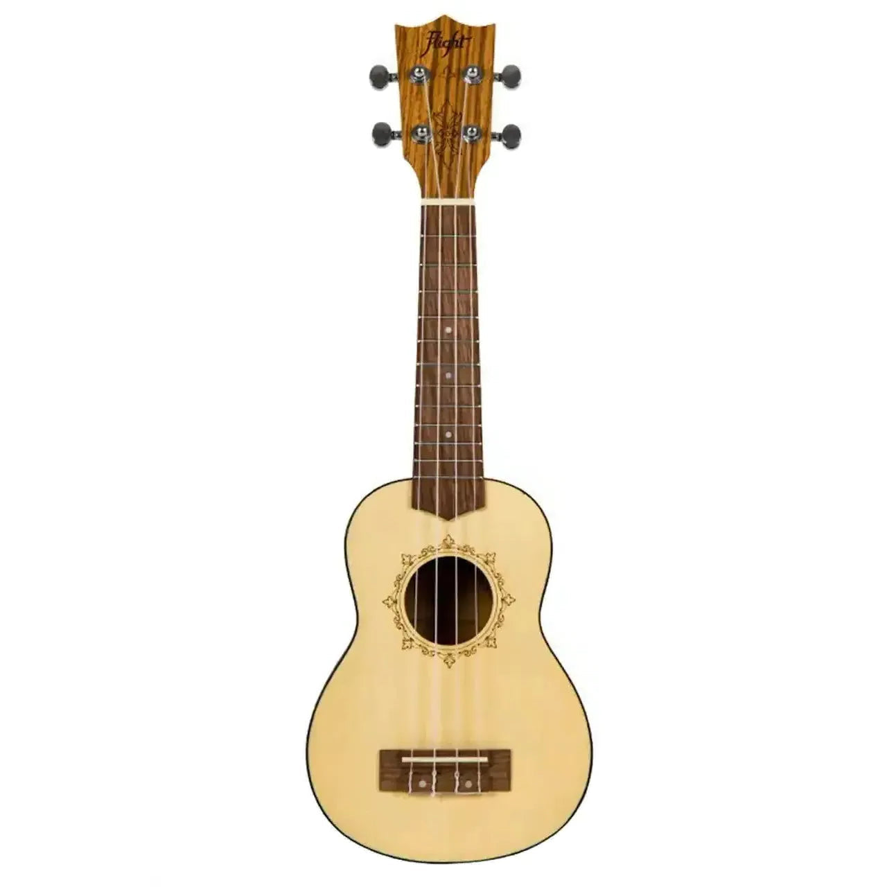 Flight DUS320 SP/ZEB Soprano Ukulele with light spruce top, zebrawood headstock, and ornate rosette.