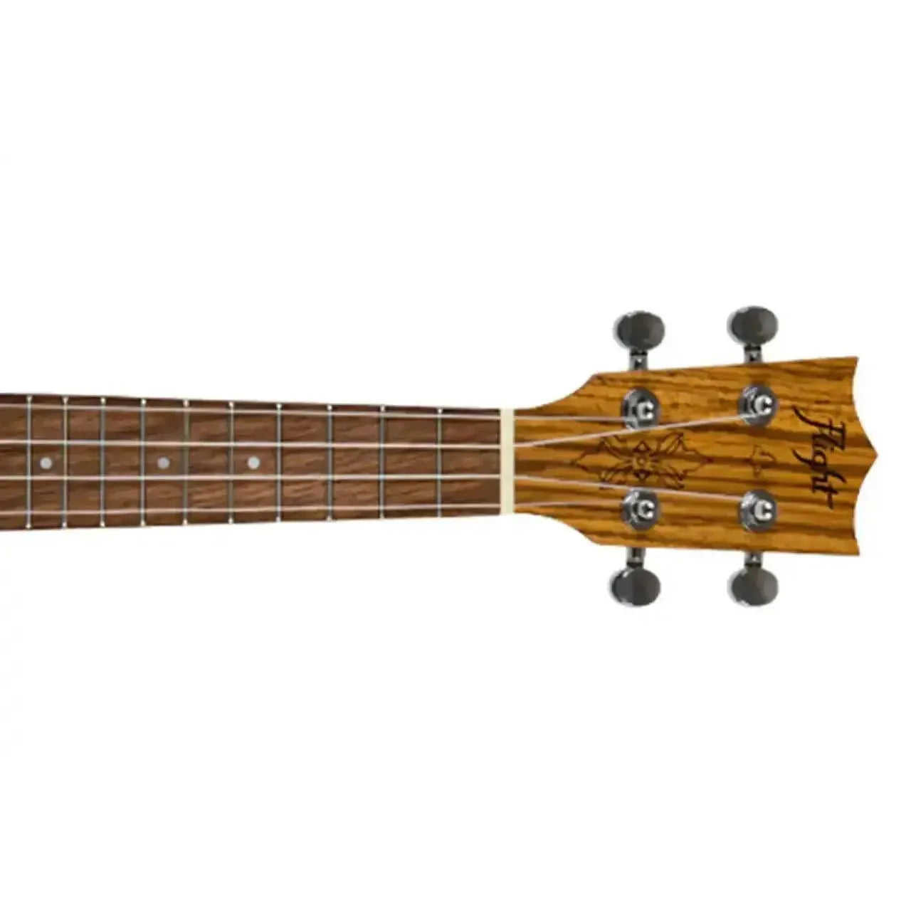 Flight DUS320 Soprano Ukulele headstock and fretboard, featuring zebrawood, walnut, and chrome tuners.