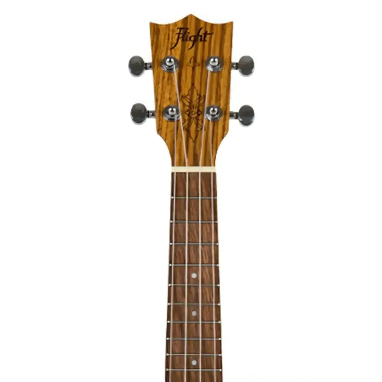 Flight DUS320 Soprano Ukulele headstock and fretboard, featuring zebrawood, walnut, and chrome tuners.
