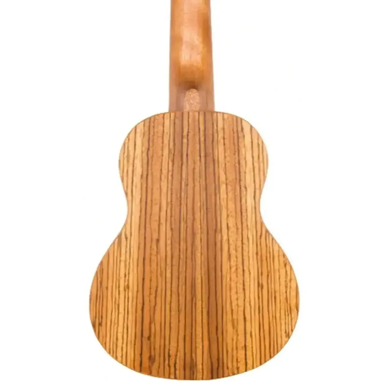 Back of a Flight DUS322 ZEB Zebrawood Soprano Ukulele with prominent wood grain.