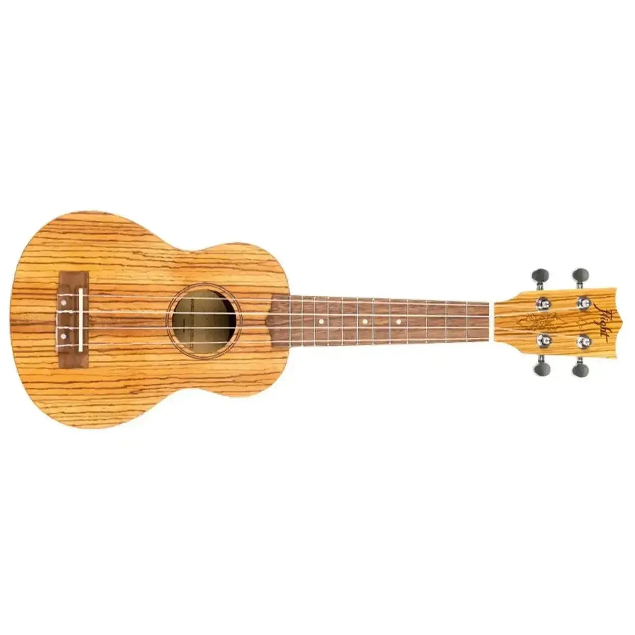 Flight DUS322 ZEB Zebrawood Soprano Ukulele with striped wood grain, dark fretboard, and headstock logo.