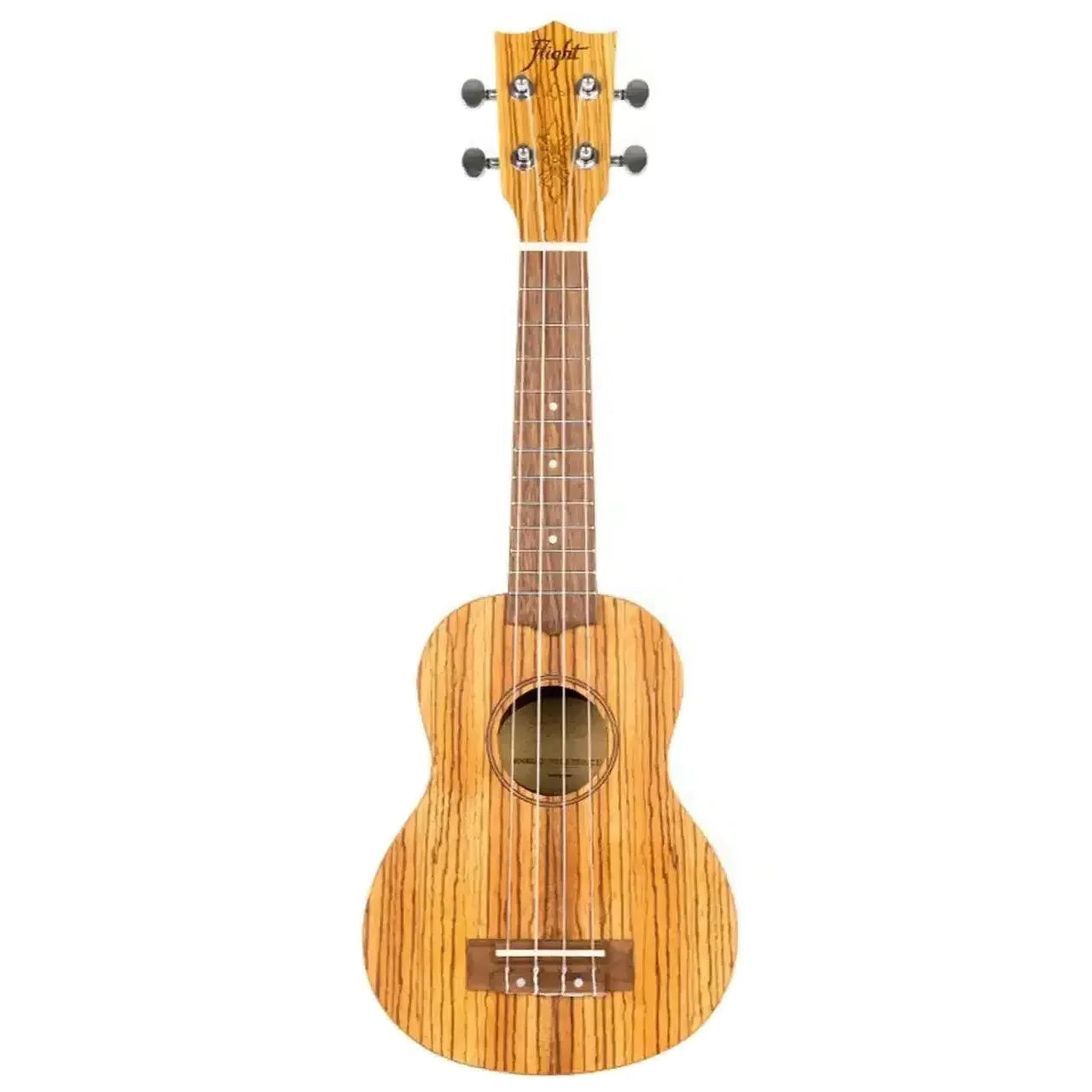 Flight DUS322 ZEB Zebrawood Soprano Ukulele with striped wood grain, dark fretboard, and headstock logo.