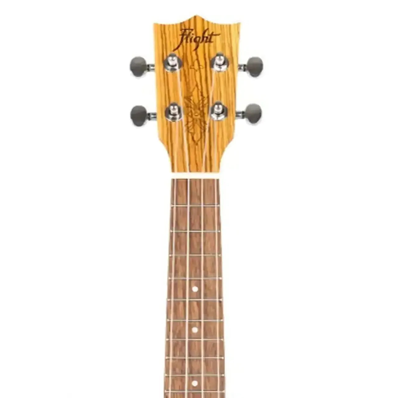 Flight DUS322 Zebrawood Soprano Ukulele headstock and fretboard with tuners and laser-engraved rosette.