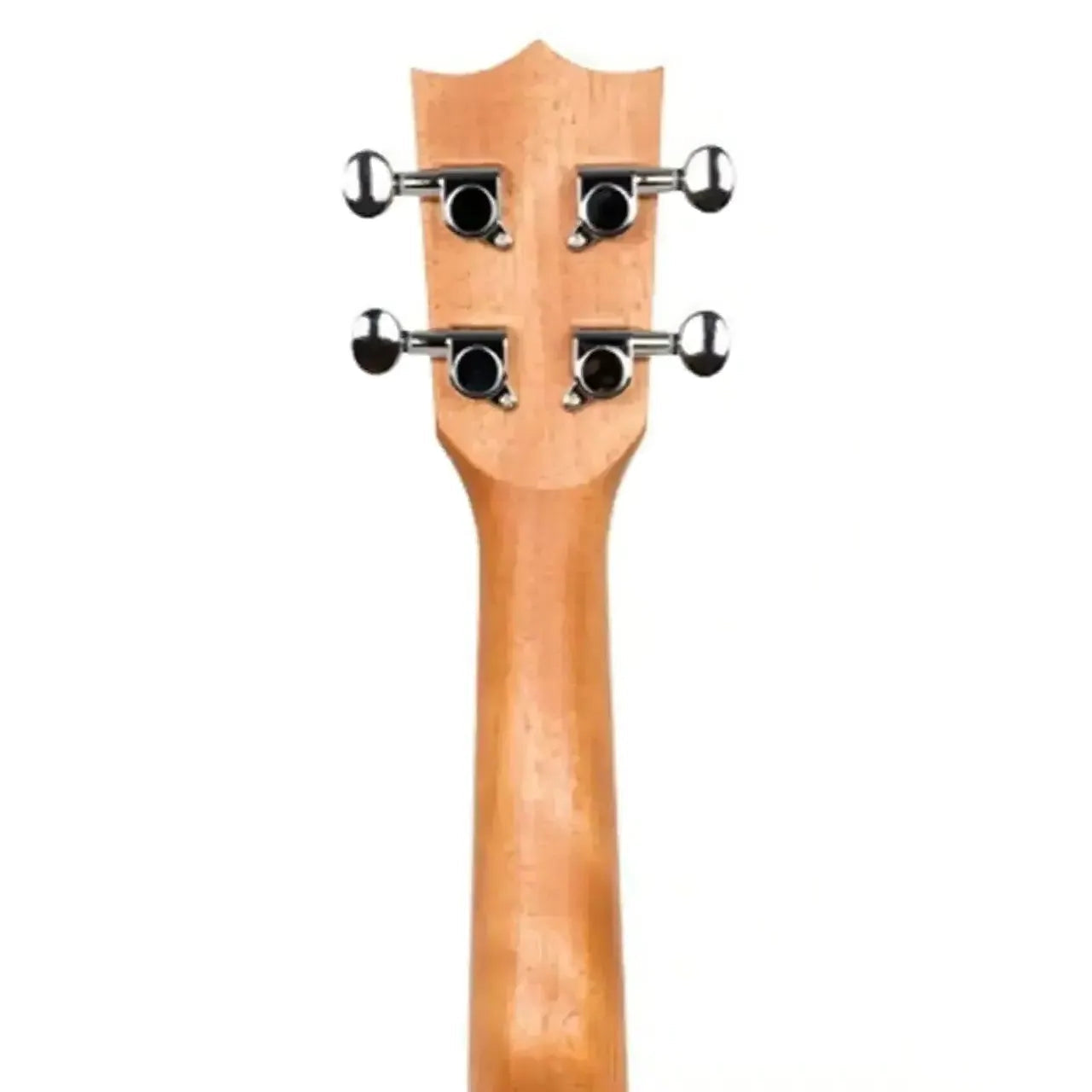 Back of Flight DUS322 Zebrawood Soprano Ukulele headstock with four chrome tuning pegs.