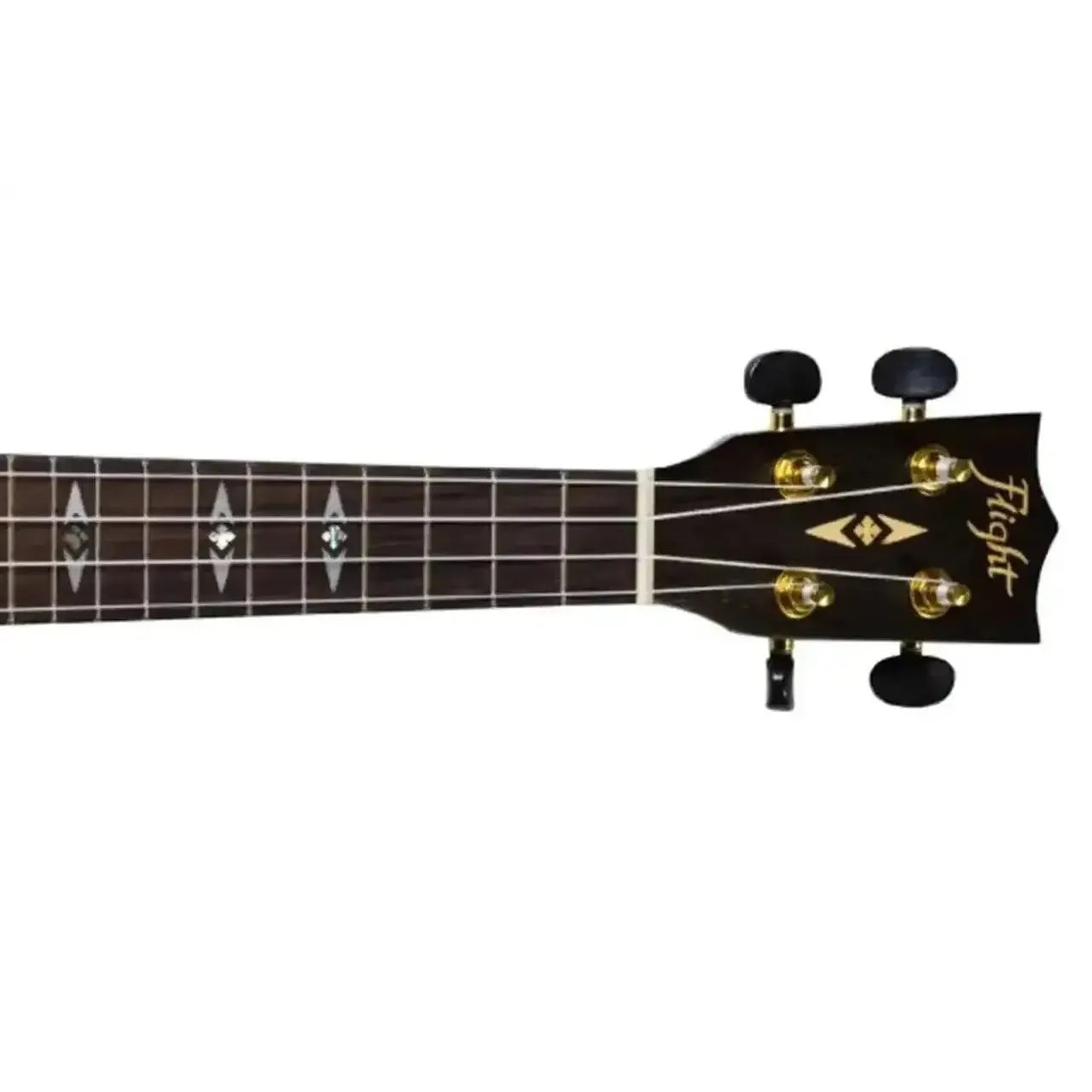 Flight DUS450 Supernatural Series Mango Soprano Ukulele headstock and fretboard with diamond inlays.