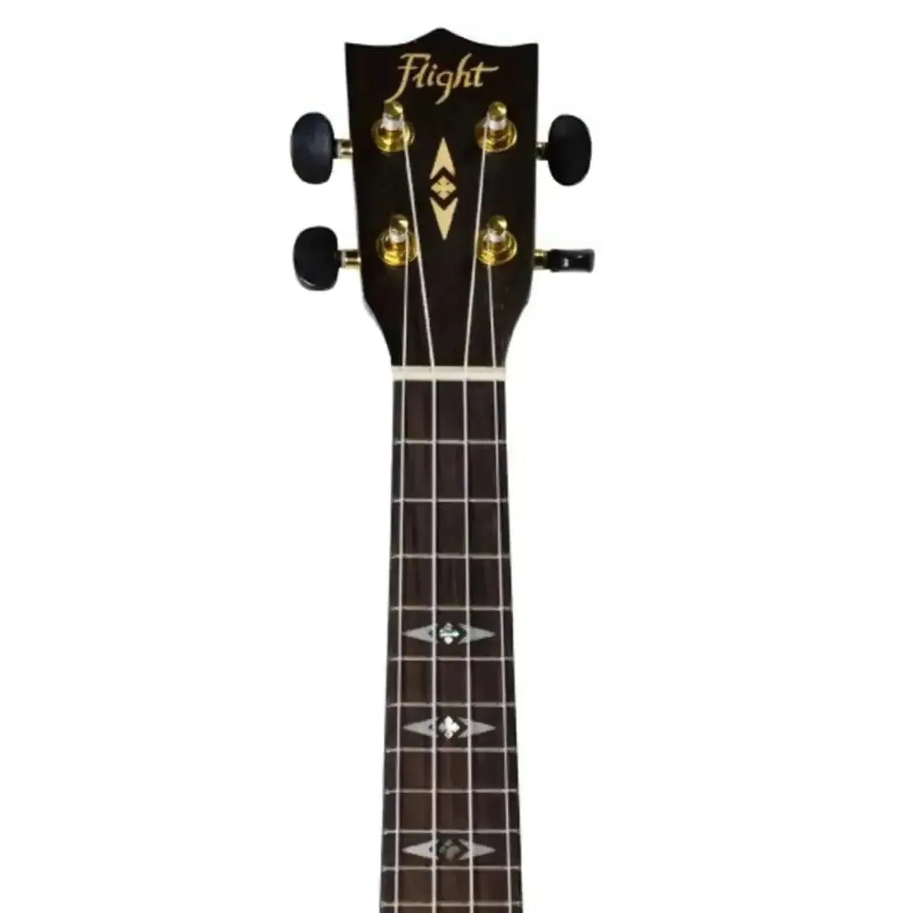 Flight DUS450 Supernatural Series Mango Soprano Ukulele headstock and fretboard with diamond inlays.