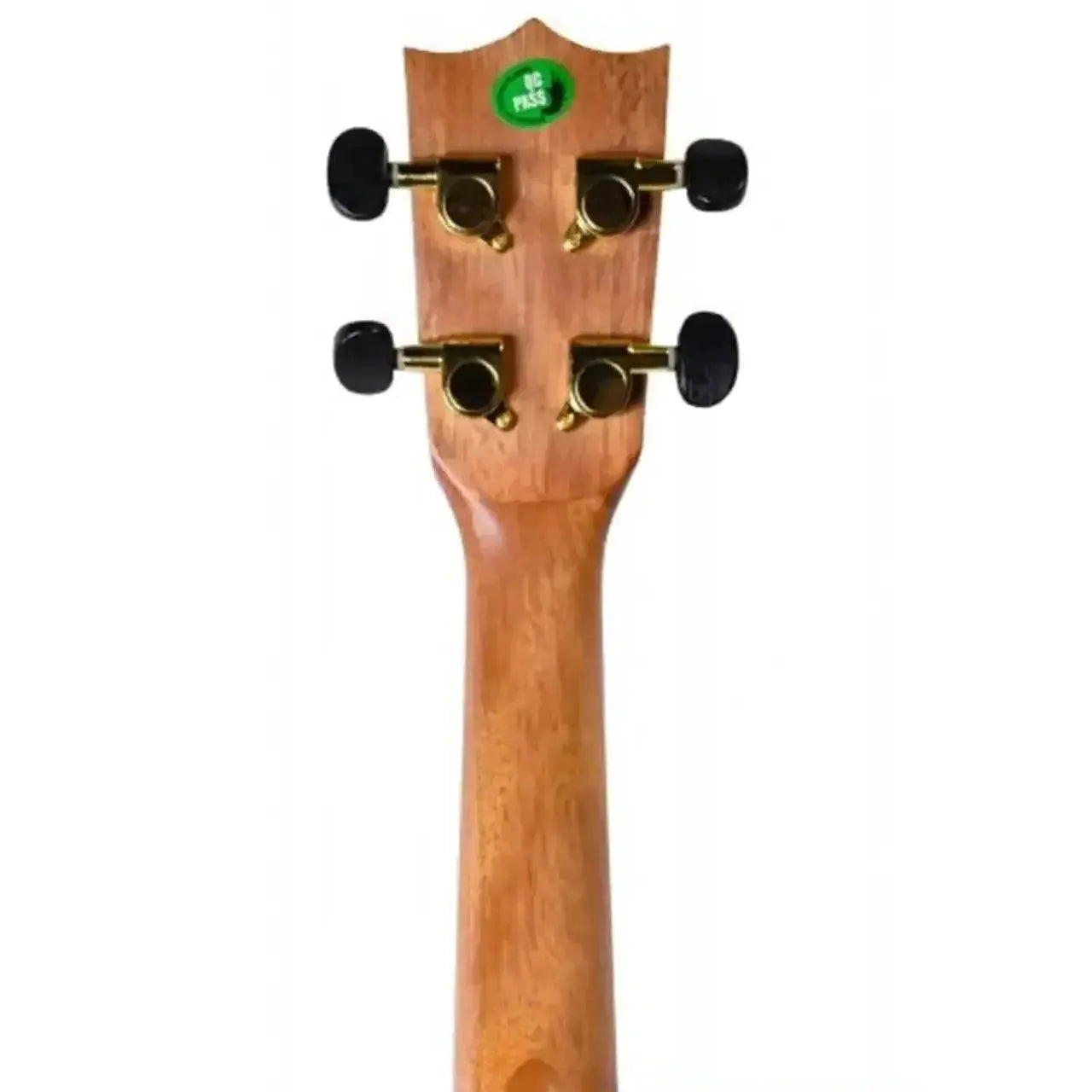 Back of Flight DUS450 Mango Soprano Ukulele headstock with chrome geared tuners and African okoume neck.