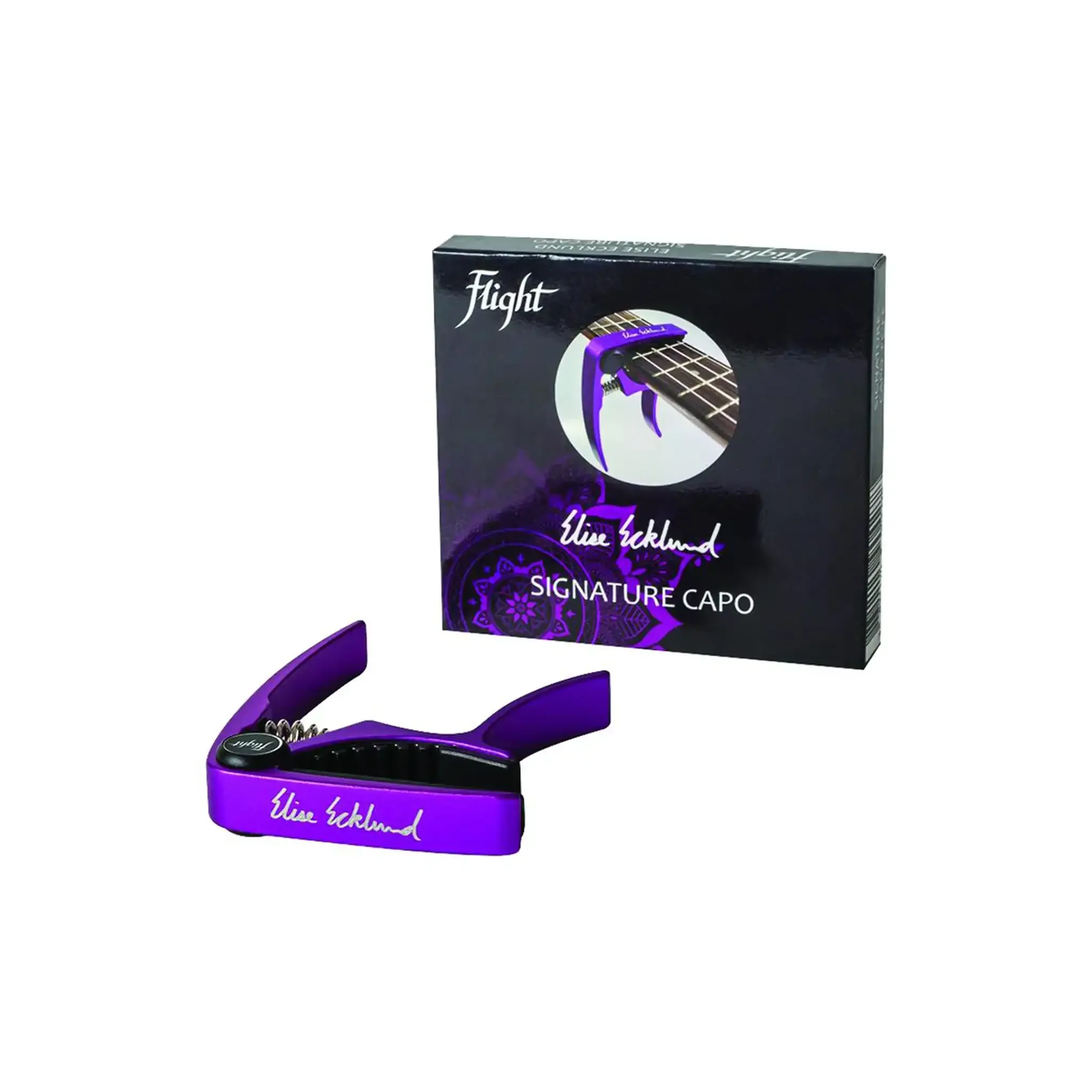 Flight Elise Ecklund Signature ukulele capo in matte purple with matching eco-friendly box.