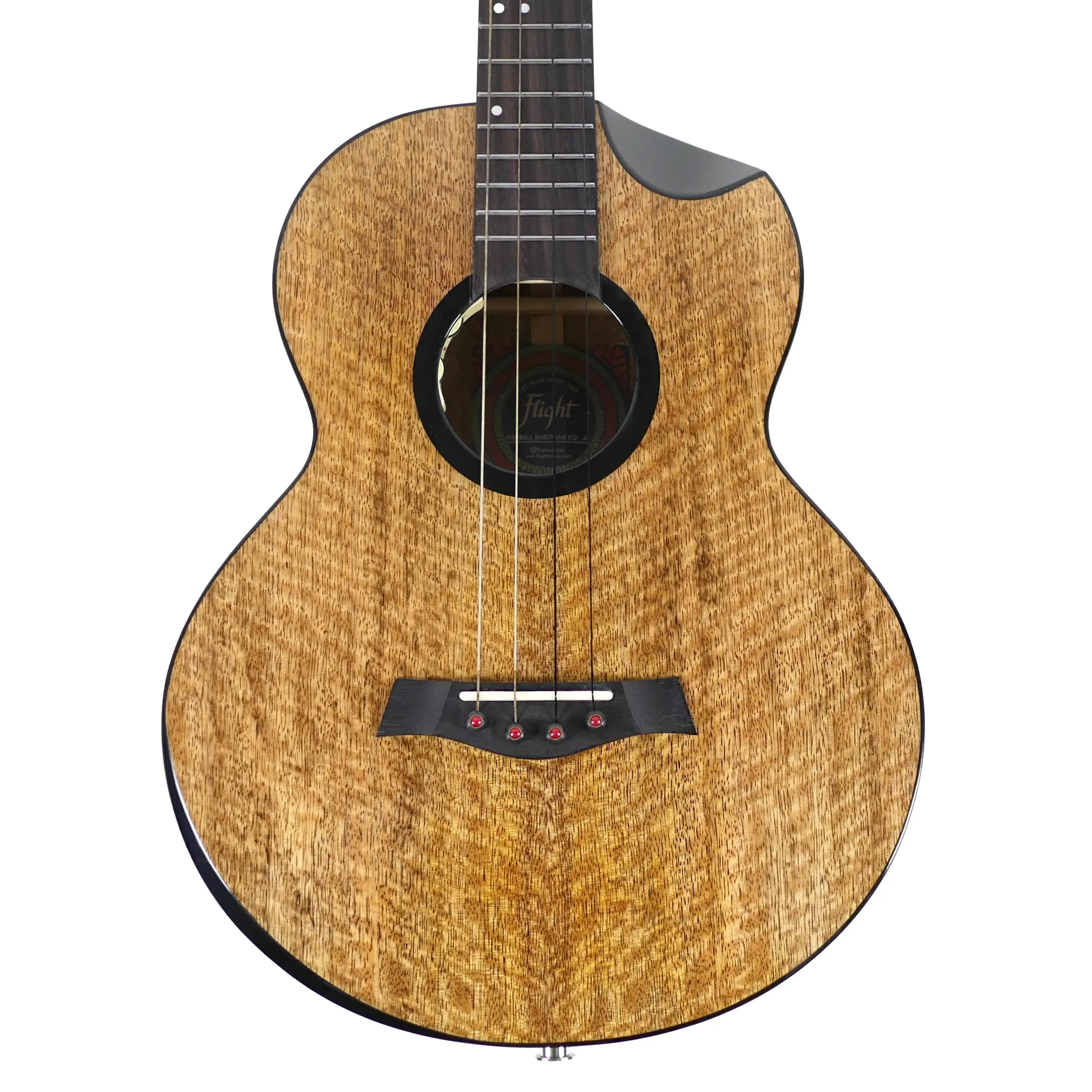Flight Fireball EQ-A Solid Mango Baritone Ukulele with natural wood grain, dark rosette, and bridge.