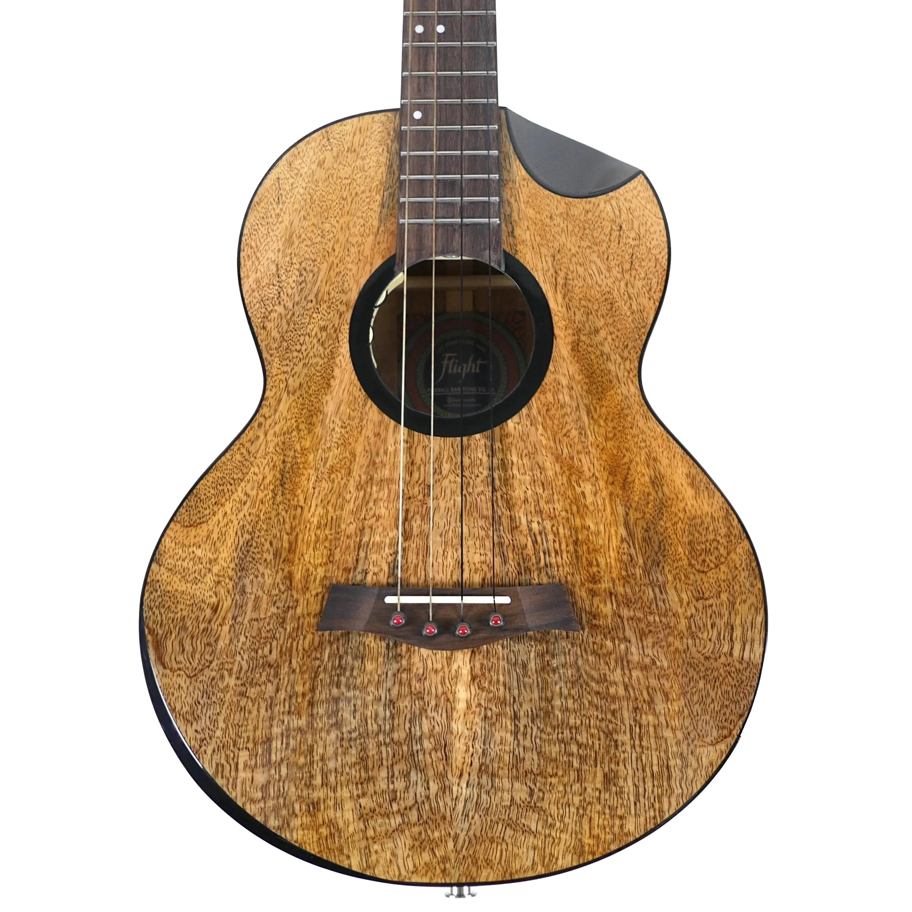 Flight Fireball EQ-A Solid Mango Baritone Ukulele, close-up of the body with striking wood grain and rosette.