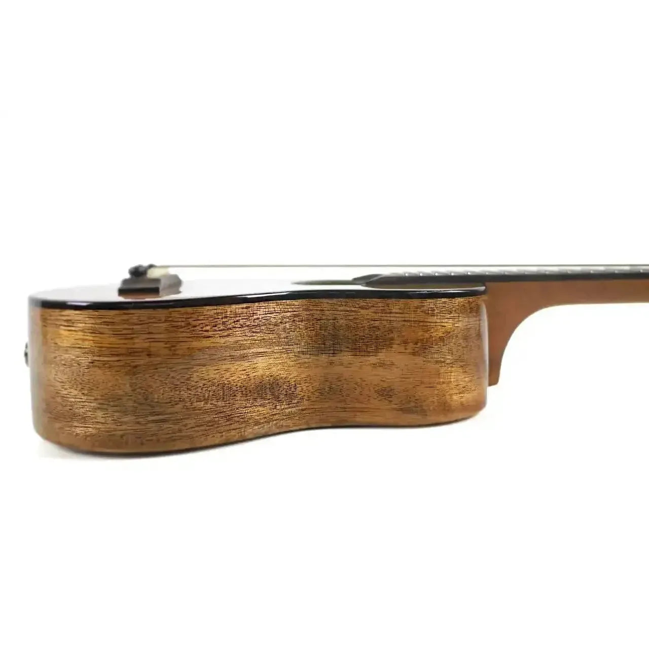 Flight Fireball EQ-A Soprano Ukulele, solid mango body with rich brown grain, side view.