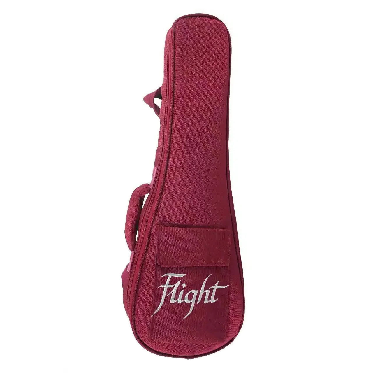 Flight Fireball EQ-A Soprano Ukulele in a padded, deep red gig bag with white "Flight" logo.