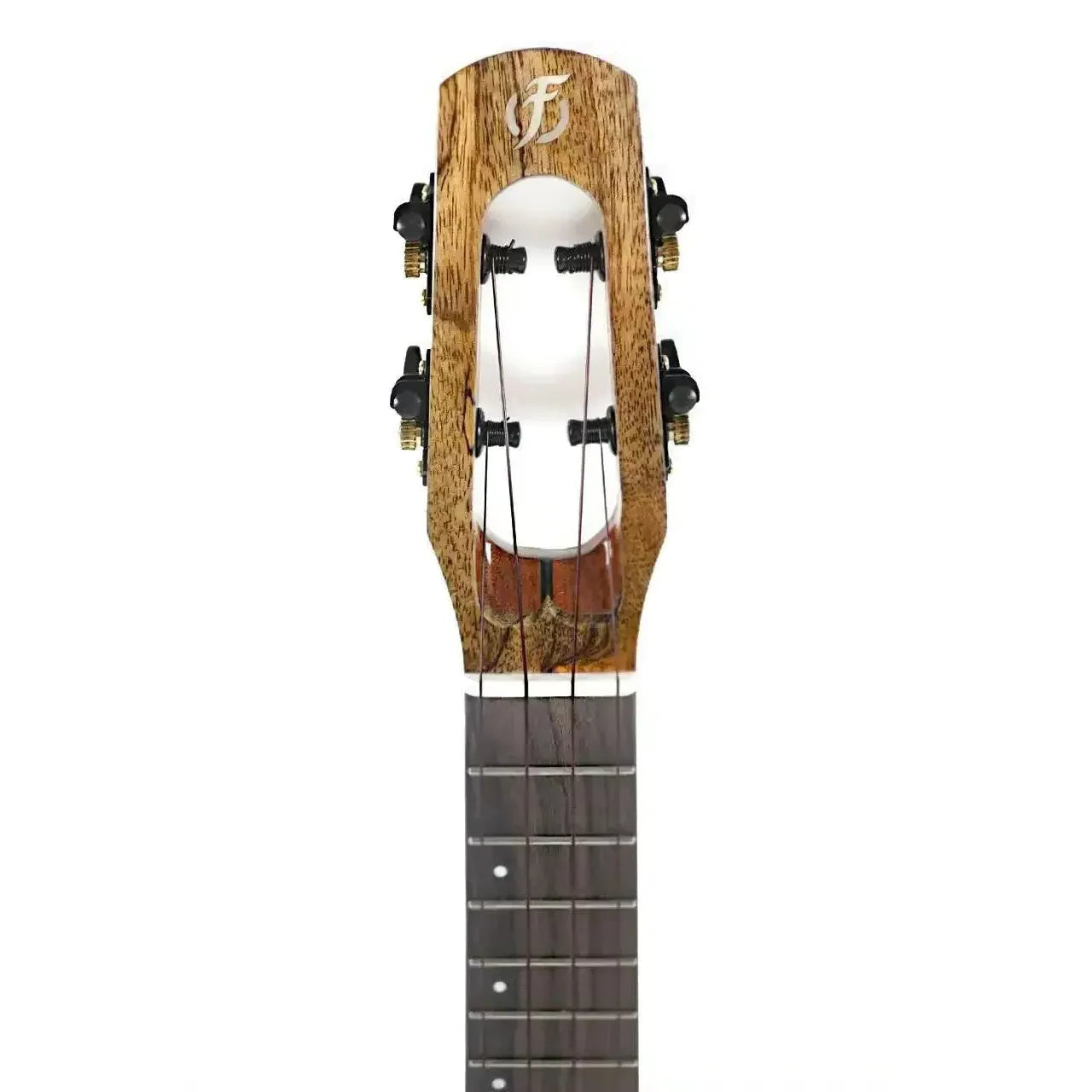 Flight Fireball EQ-A Soprano Ukulele headstock and neck, showing solid mango wood and black tuners.