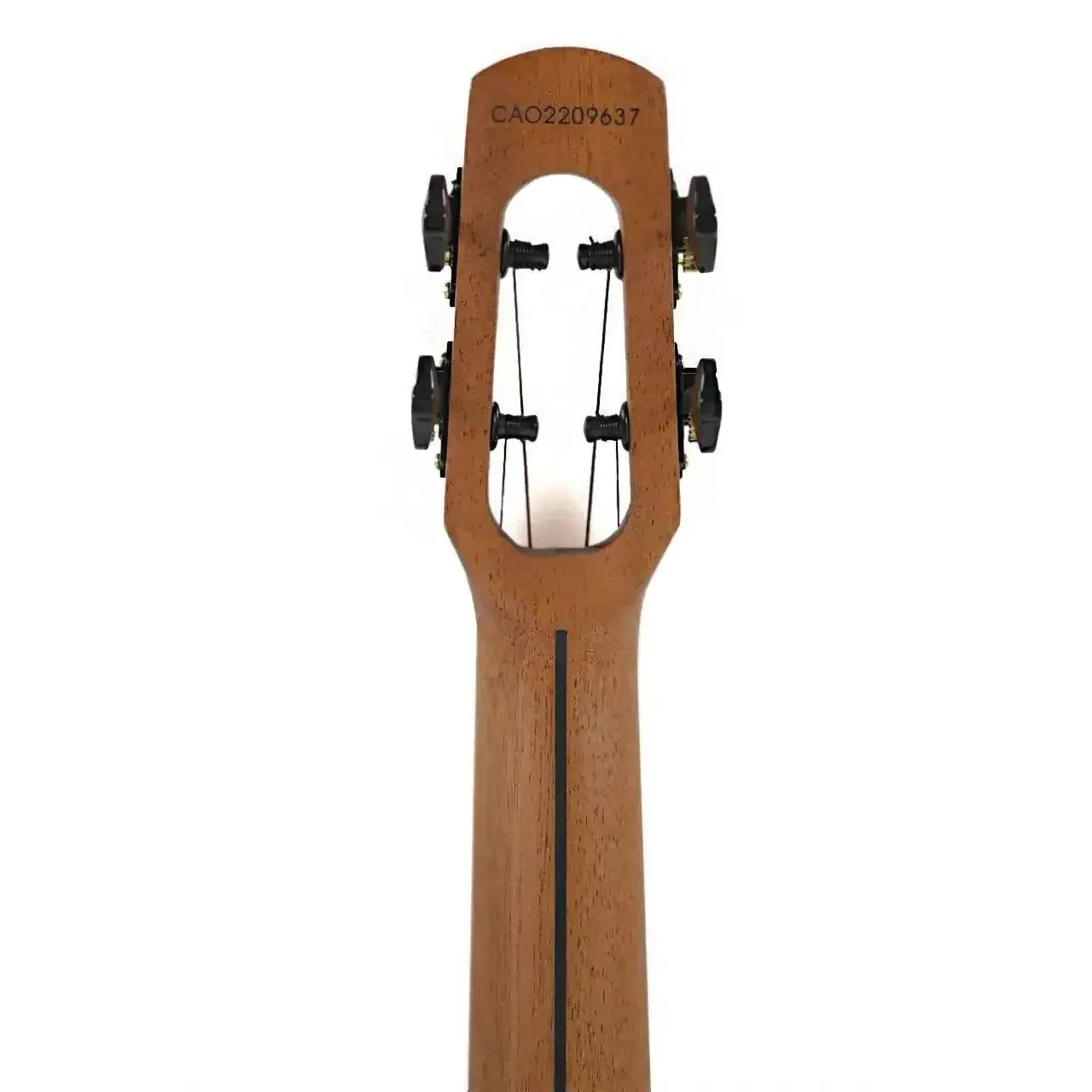 Flight Fireball EQ-A Soprano Ukulele headstock, showing African mahogany neck and black tuners.