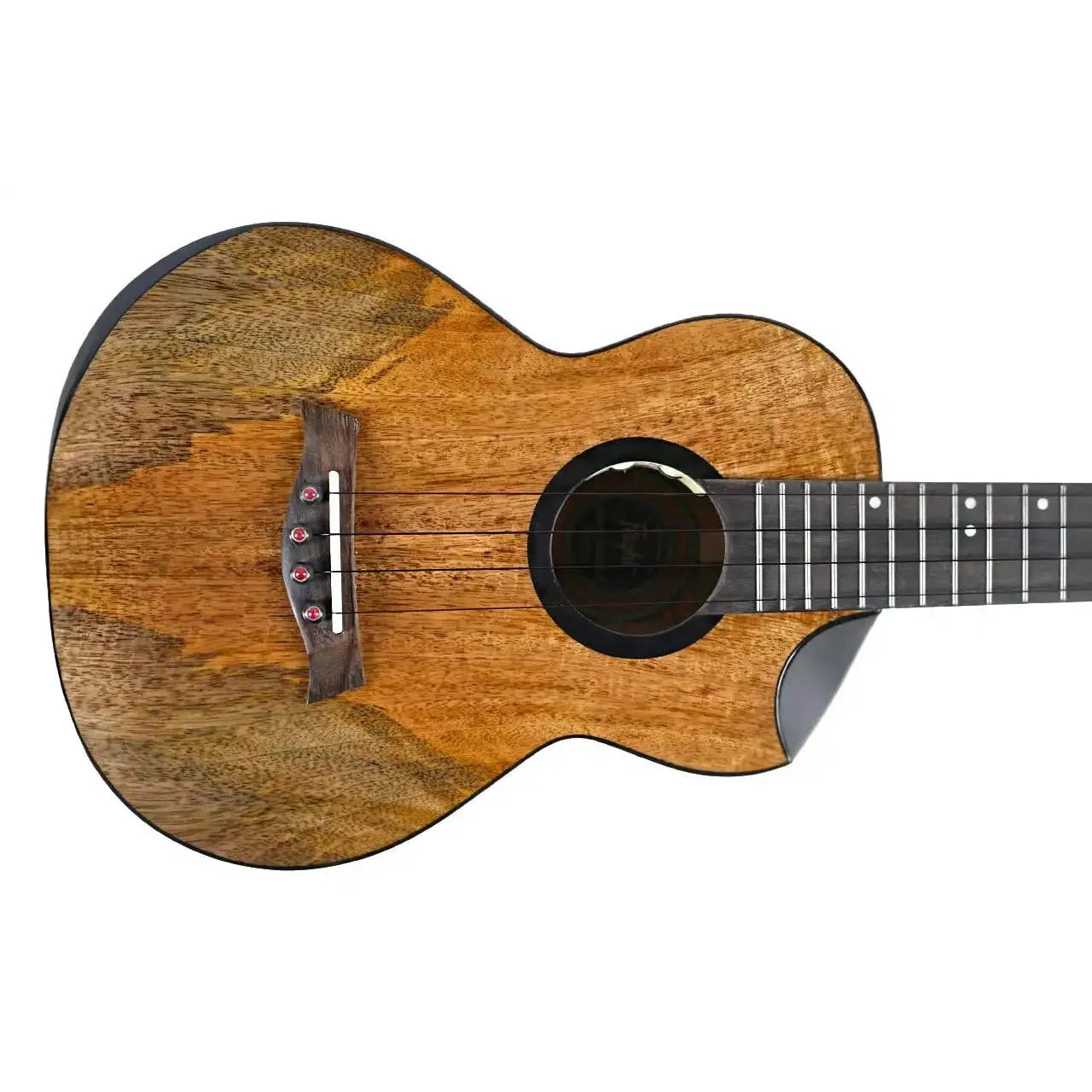 Flight Fireball EQ-A Tenor Ukulele with solid mango wood body, black binding, and rosewood bridge.