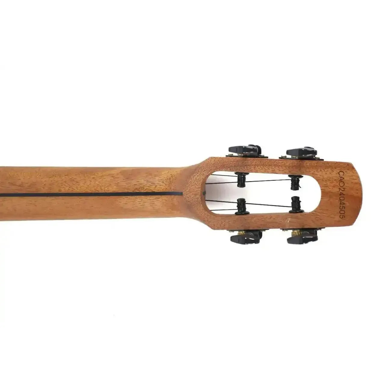 Flight Fireball EQ-A Tenor Ukulele headstock and neck, showing dark tuning pegs and light wood grain.