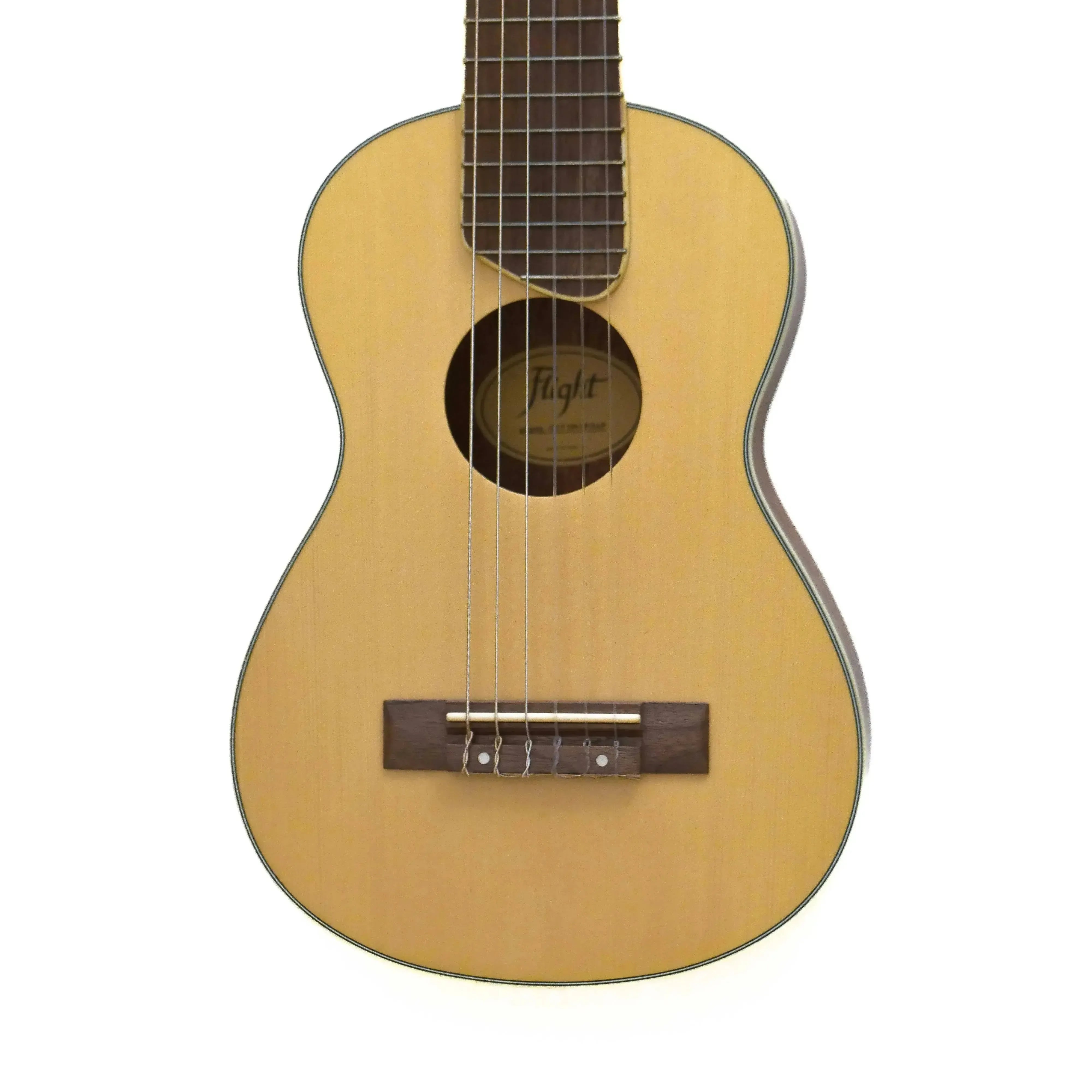 Flight GUT350 SP/SAP Spruce & Sapele Acoustic Guitarlele with light wood body and dark bridge.