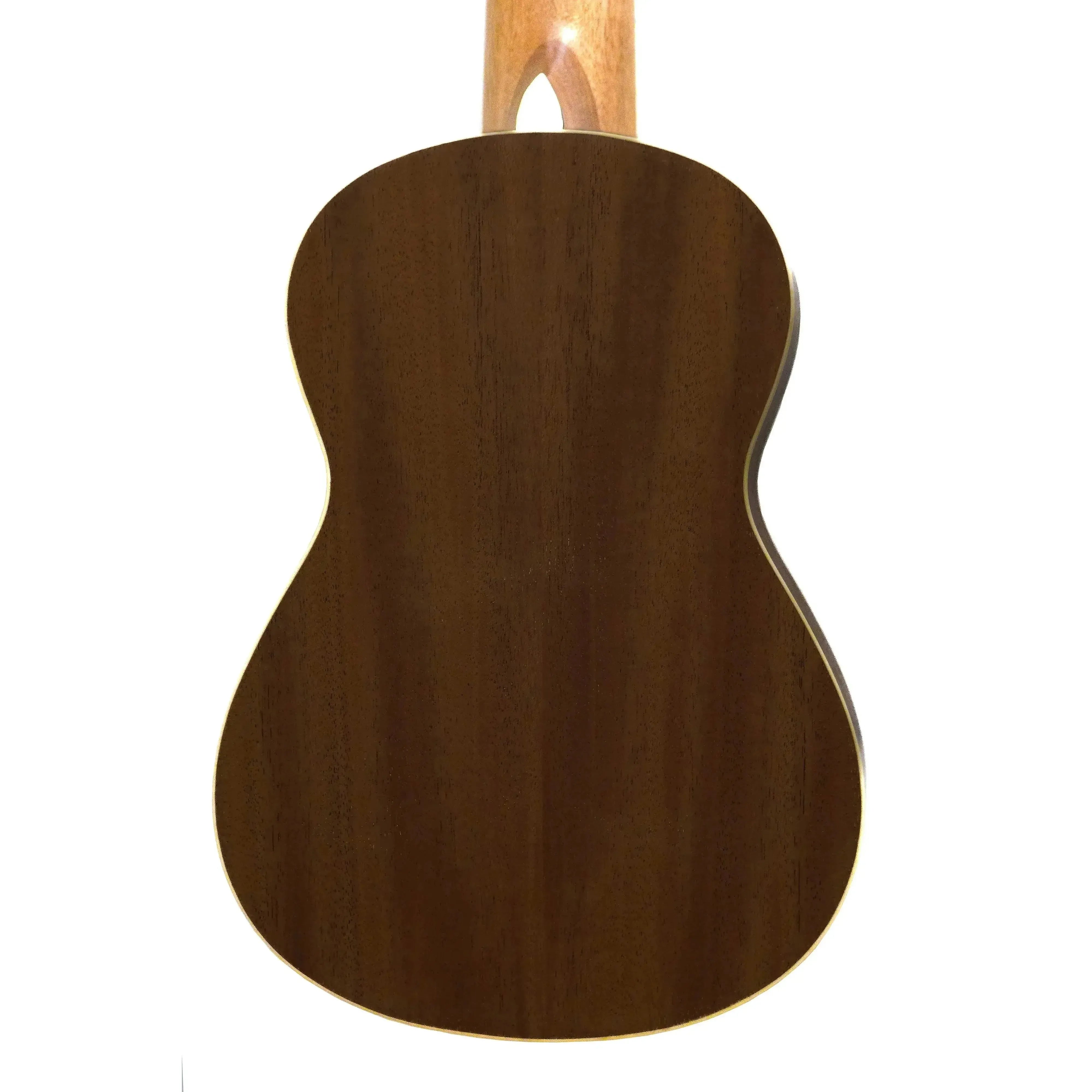 Back of a Flight GUT350 SP/SAP Acoustic Guitarlele, showing its dark sapele wood and light binding.