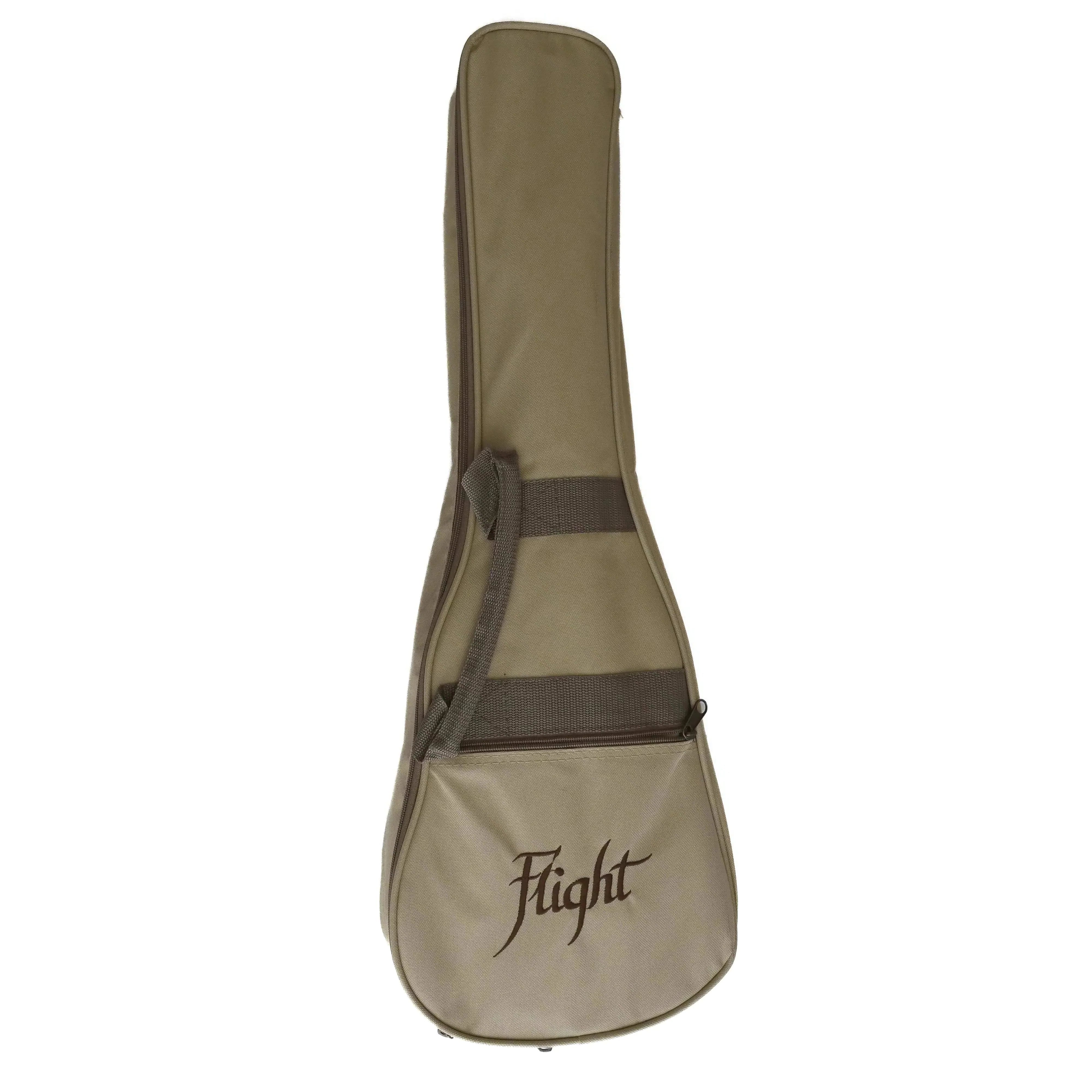 Flight GUT350 SP/SAP Spruce & Sapele Acoustic Guitarlele in a tan gig bag with brown straps.