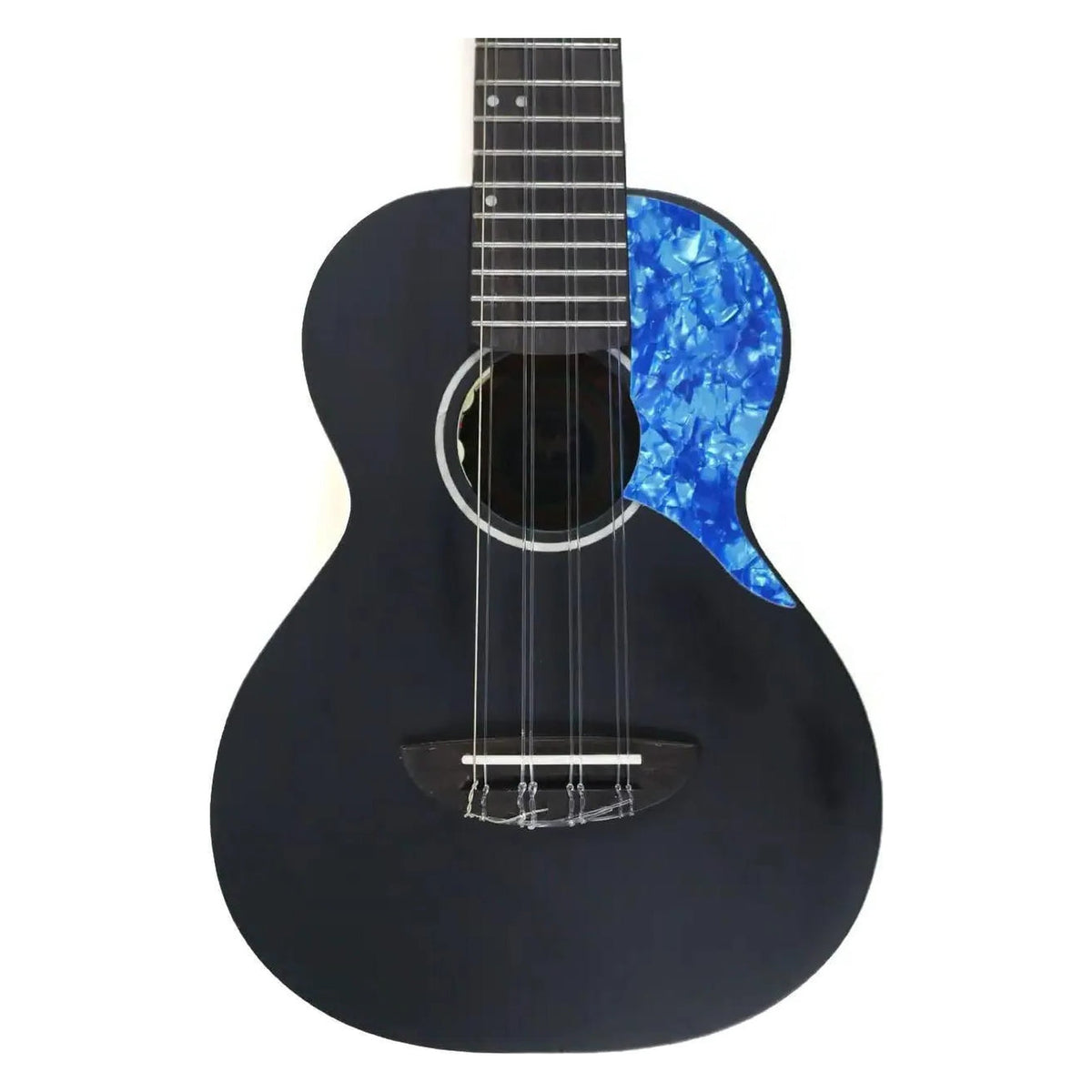 Flight IRIS-8 8-string tenor ukulele with a black satin finish, white rosette, and blue pickguard.