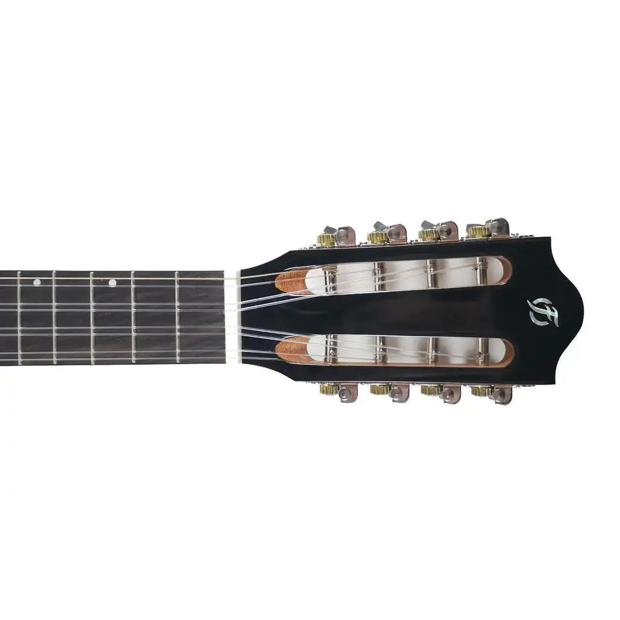 Flight IRIS-8 8-string tenor ukulele headstock with black finish, open-geared tuners, and brand logo.