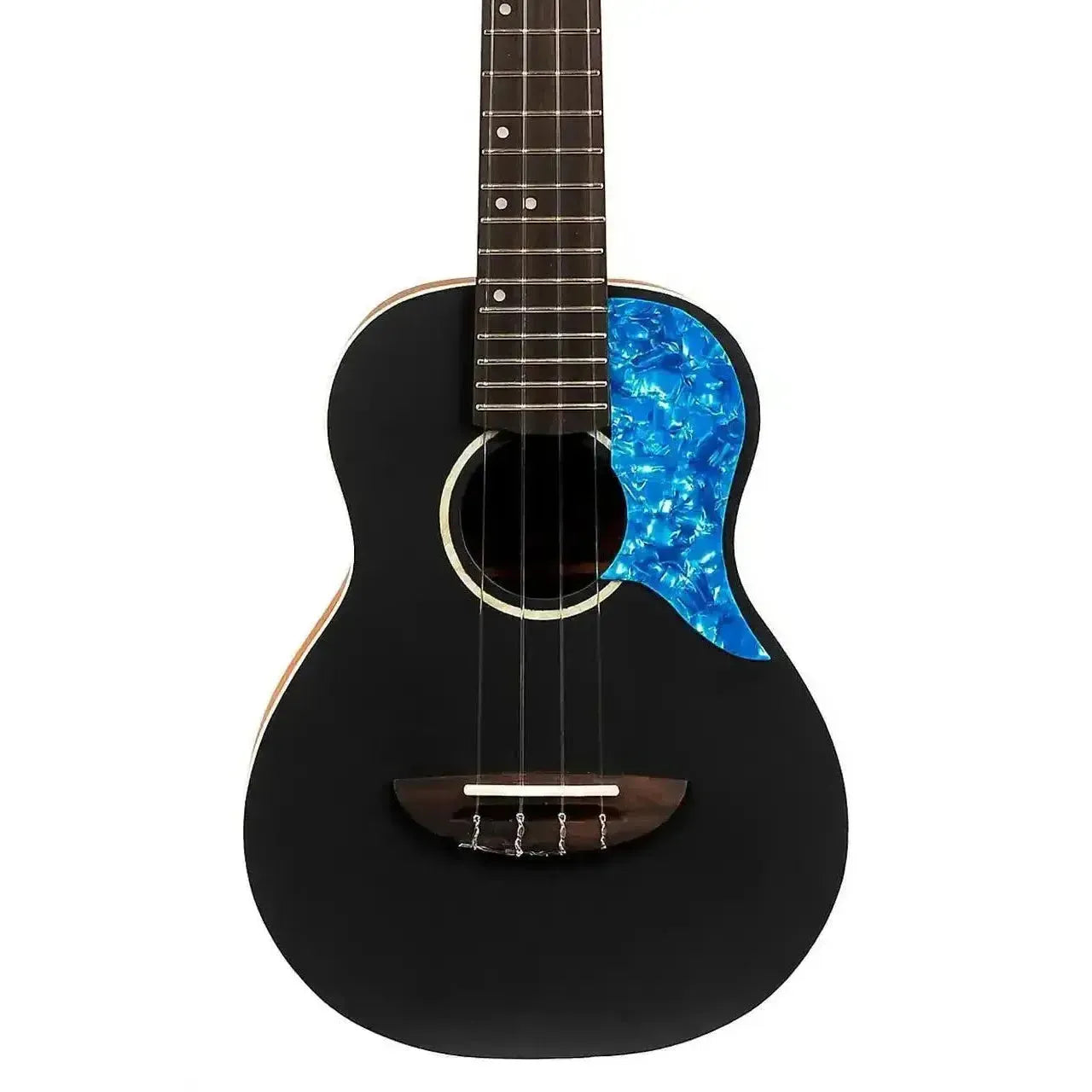 Flight IRIS BK black concert ukulele with solid spruce top, blue pickguard, and rosewood fretboard.
