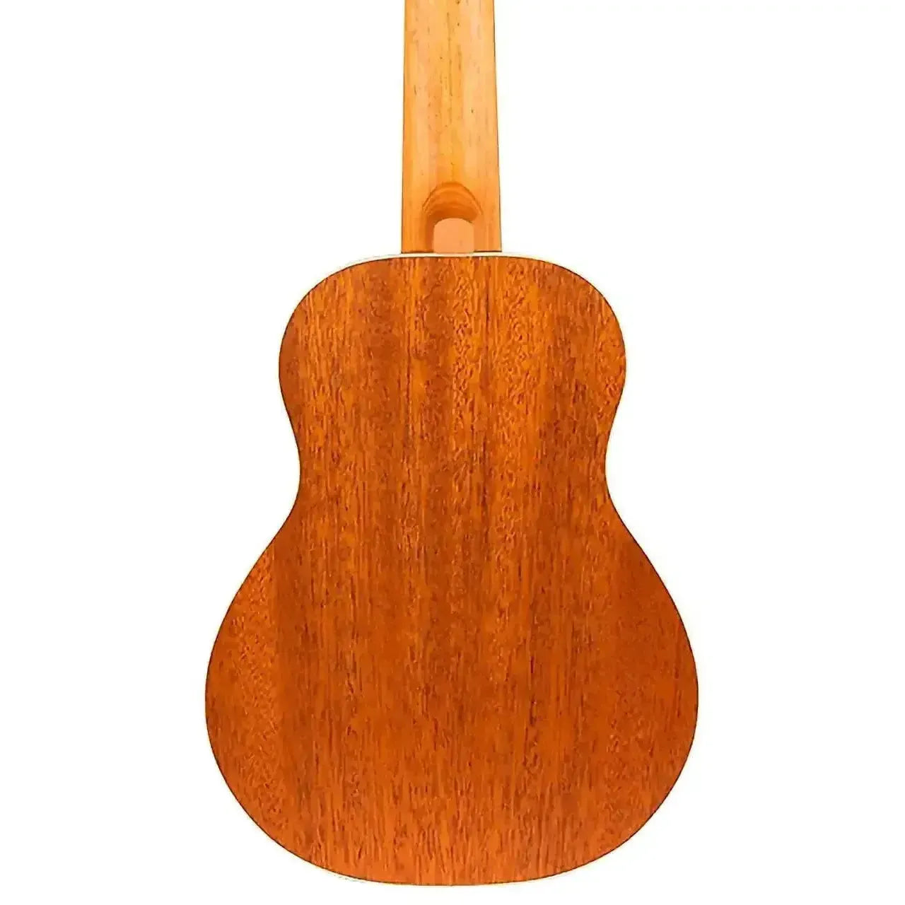 Back of a Flight IRIS BK Concert Ukulele, showing its natural wood grain mahogany back and light wood neck.