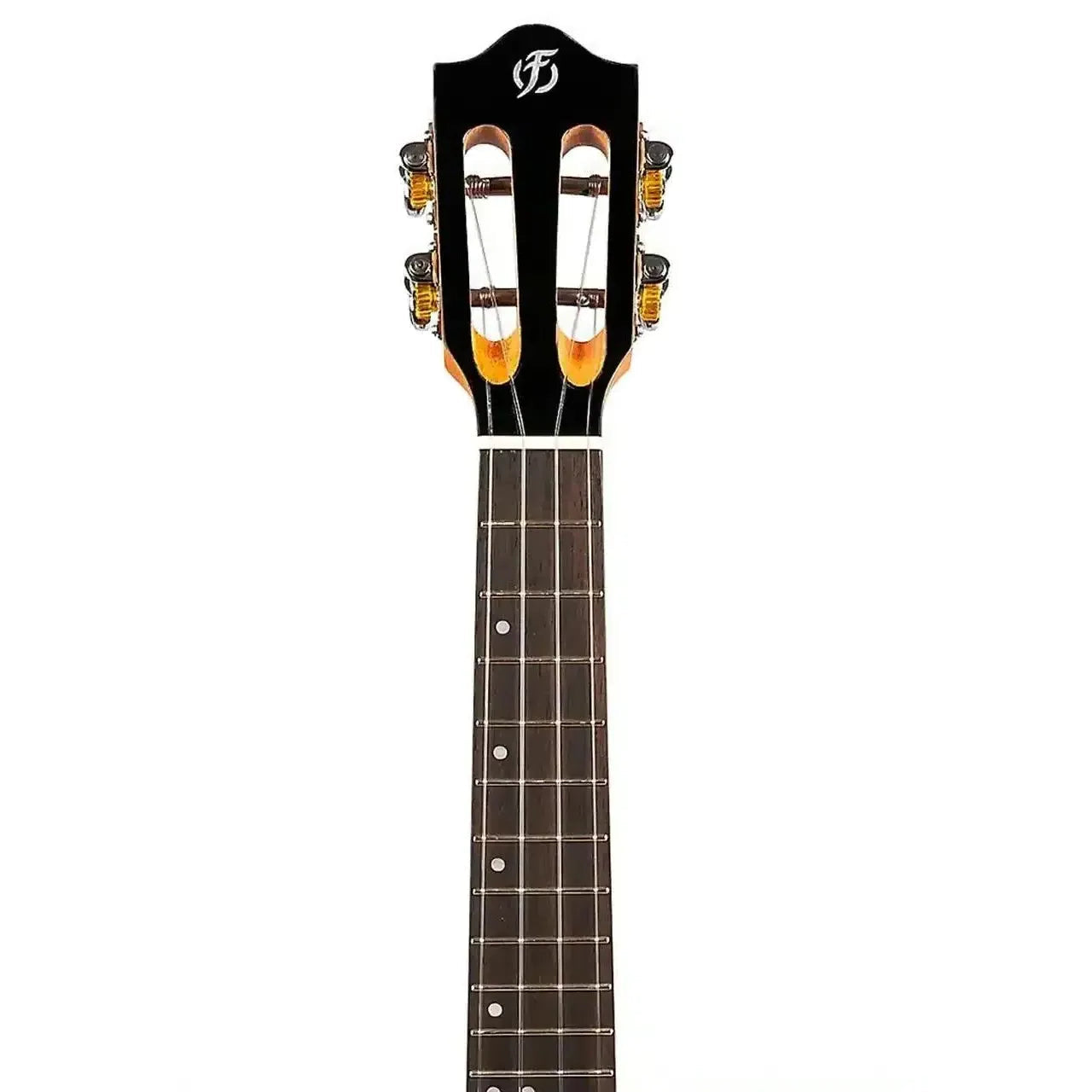 Flight IRIS BK black concert ukulele headstock and rosewood fretboard with white binding.