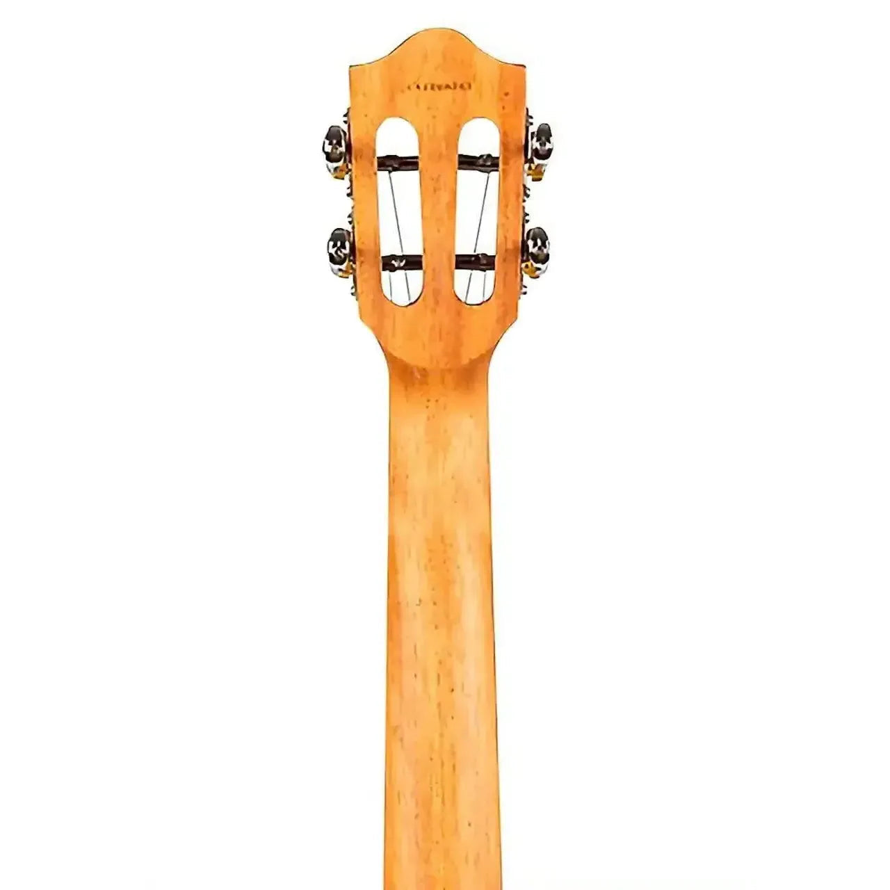 Flight IRIS BK ukulele headstock and neck, natural wood finish with open-gear tuners.