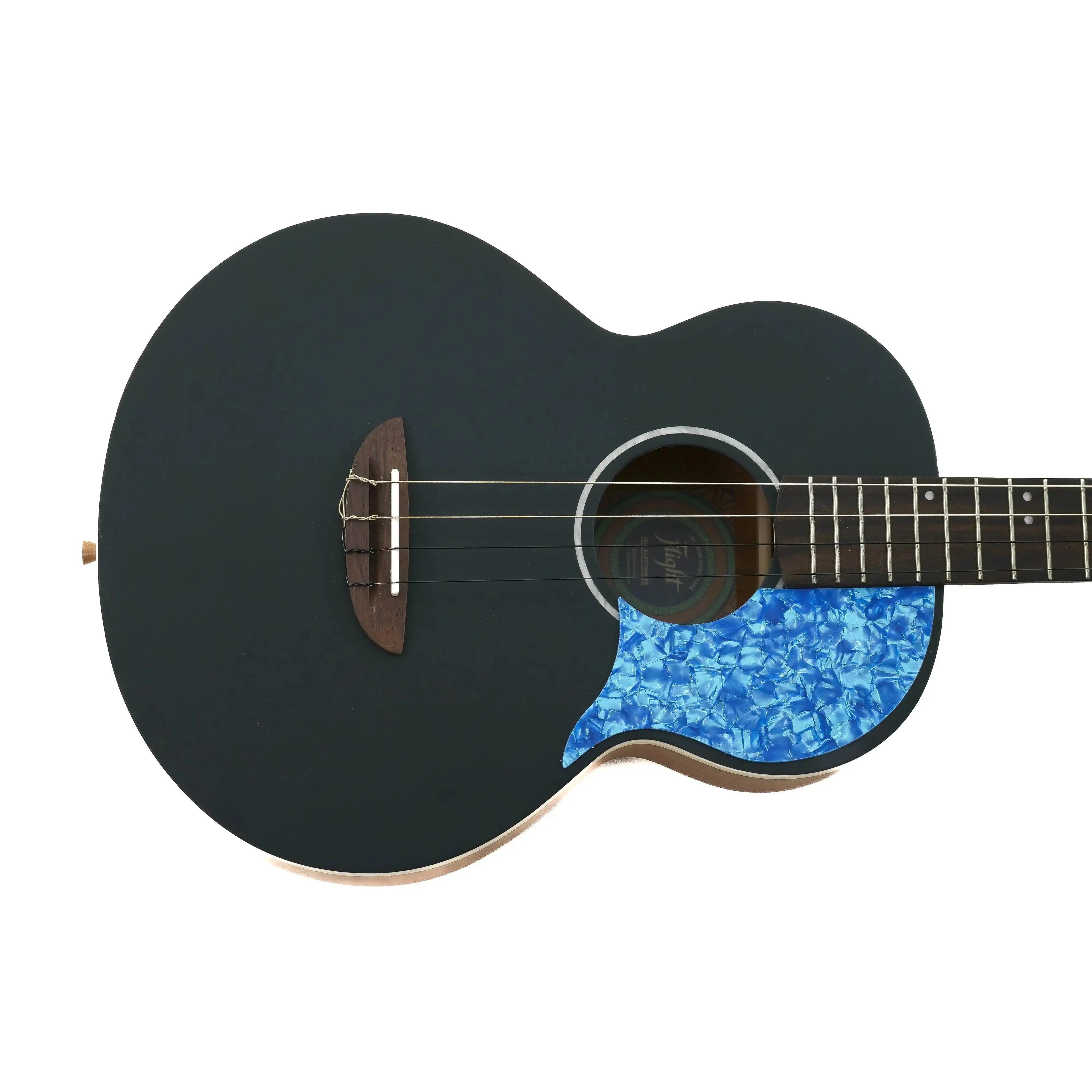 Flight IRIS BK baritone ukulele body with black solid spruce top and blue pickguard.
