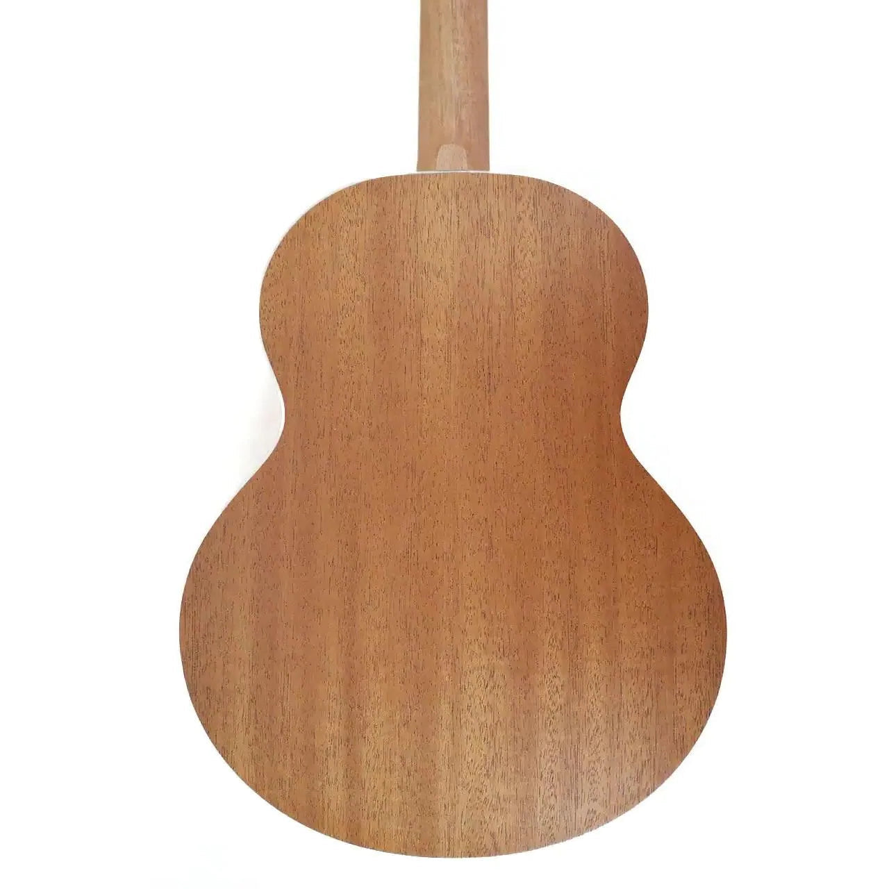 Back of a Flight IRIS BK Baritone Ukulele, showing its mahogany wood grain and light brown finish.