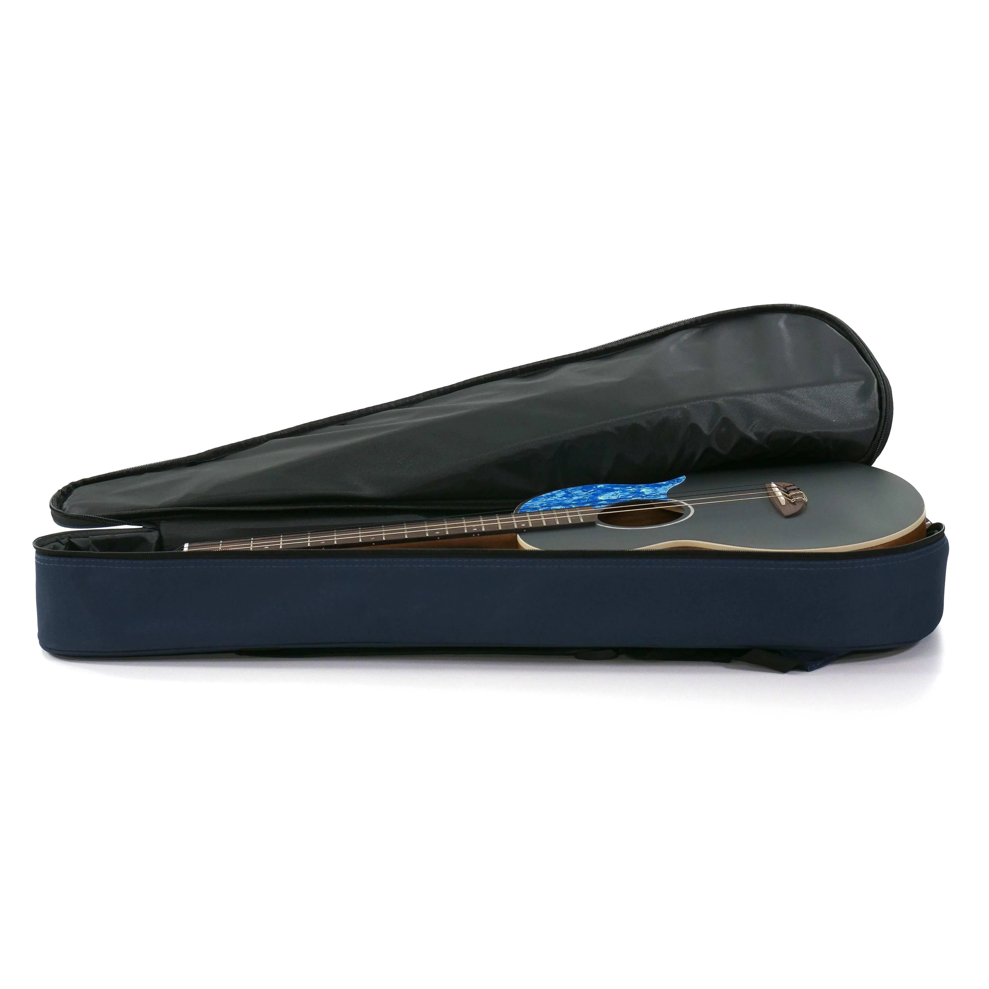 Flight IRIS BK Baritone Ukulele in a navy blue gig bag, showing its solid spruce top and blue pickguard.