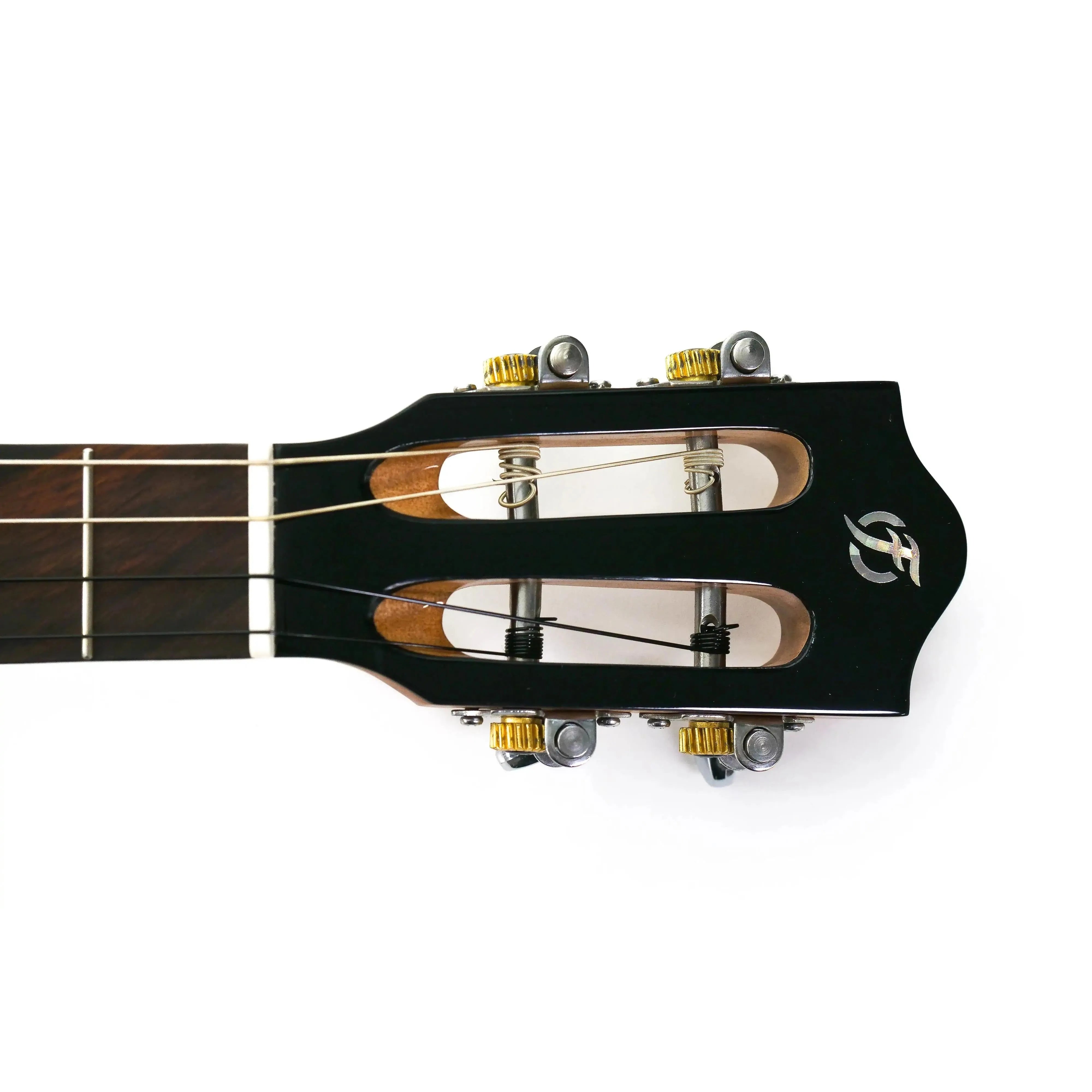 Flight IRIS BK Baritone Ukulele headstock with black finish, gold tuners, and brand logo.