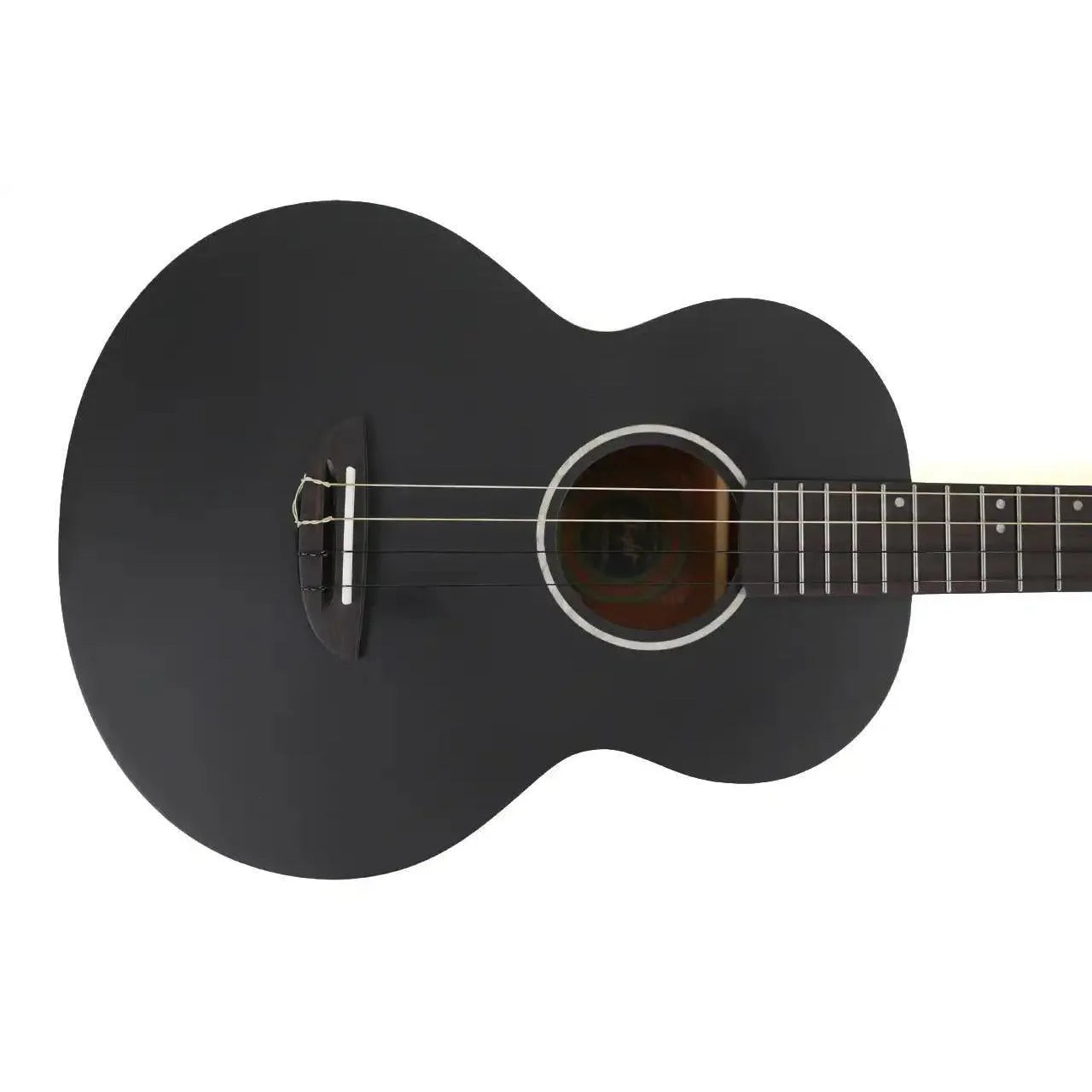 Flight IRIS BK solid spruce top baritone ukulele, all black with a satin finish and no pickguard.
