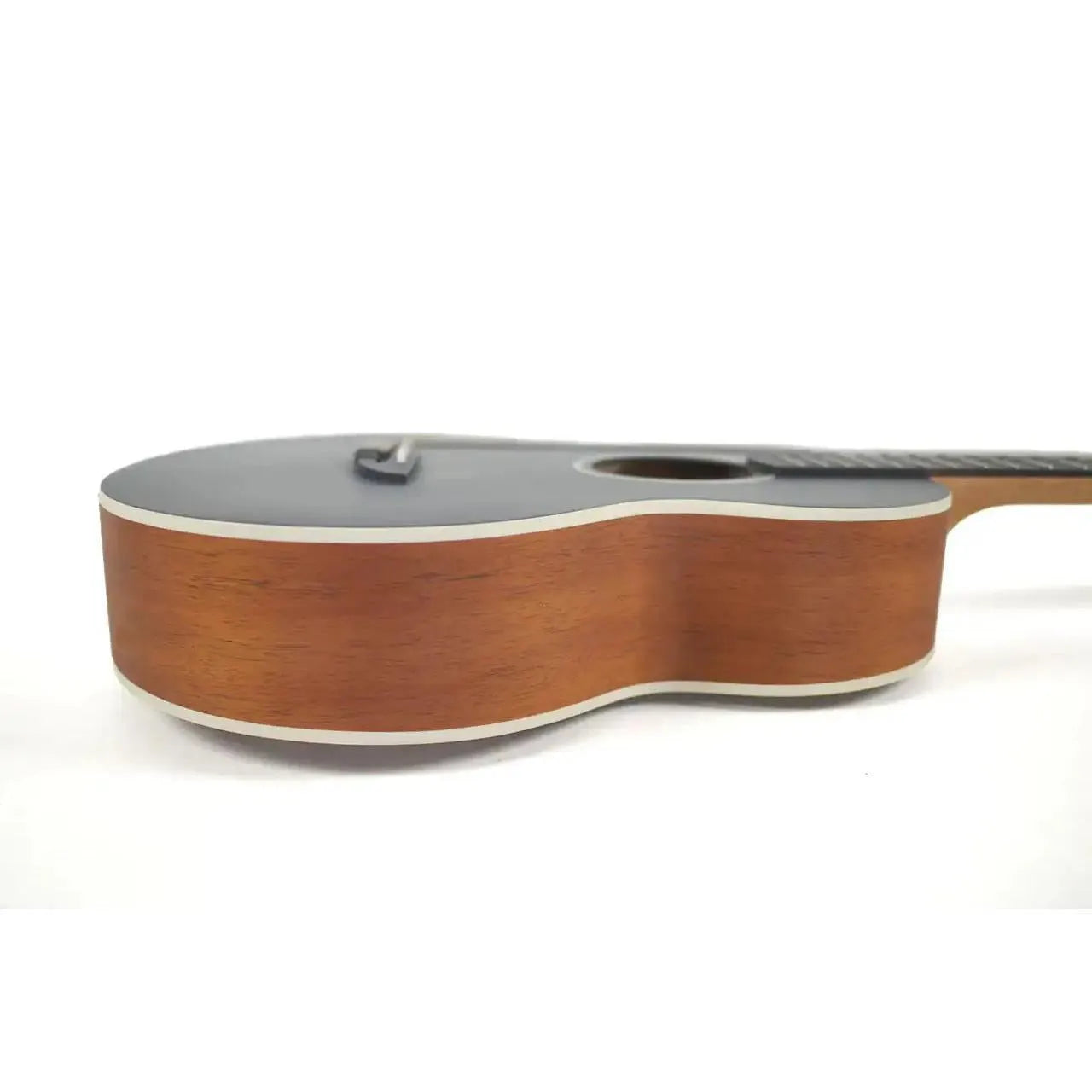 Flight IRIS BK Baritone Ukulele, side view showing dark spruce top, mahogany back, and white binding.