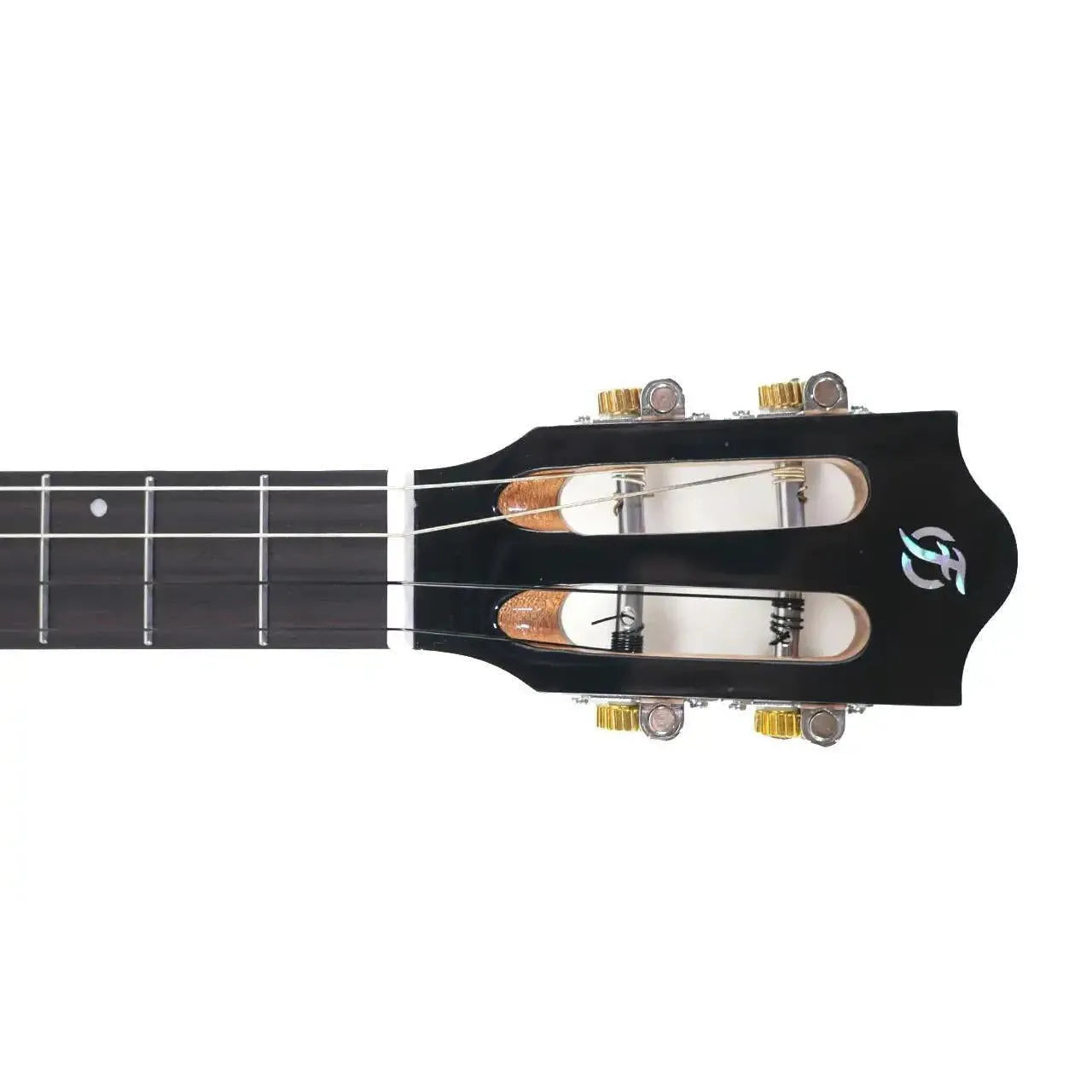 Flight IRIS BK Baritone Ukulele headstock with black finish, gold tuners, and mother-of-pearl logo.