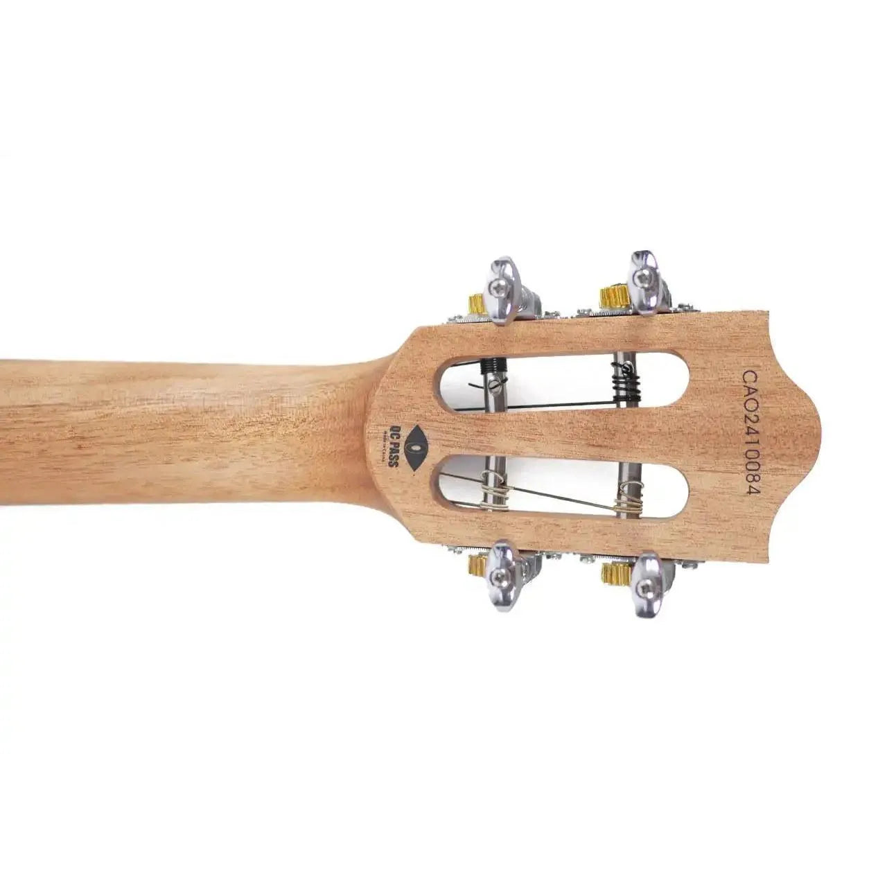 Back view of a Flight IRIS BK Baritone Ukulele headstock and neck, showing open-gear tuners and natural wood grain.