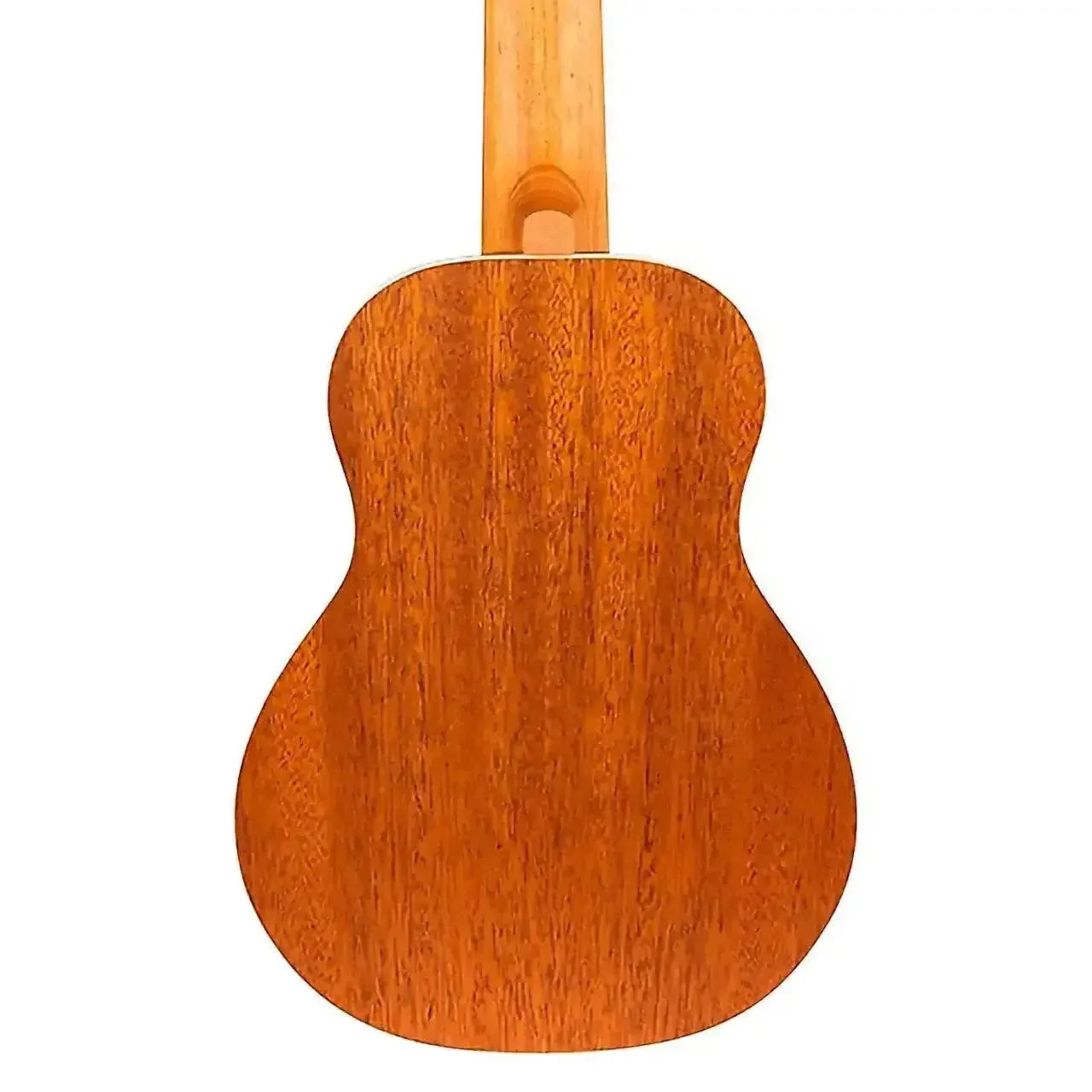 Back of a Flight IRIS DB Concert Ukulele, showing its laminate mahogany back and okoume neck.